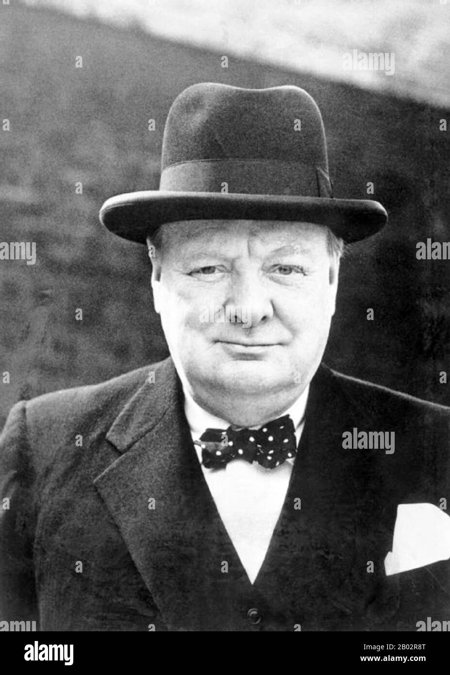 Sir Winston Leonard Spencer-Churchill, KG, OM, CH, TD, DL, FRS, RA (30 November 1874 – 24 January 1965) was a British politician who was the Prime Minister of the United Kingdom from 1940 to 1945 and again from 1951 to 1955.  Widely regarded as one of the greatest wartime leaders of the 20th century, Churchill was also an officer in the British Army, a historian, a writer (as Winston S. Churchill), and an artist. He won the Nobel Prize in Literature, and was the first person to be made an honorary citizen of the United States. Stock Photo