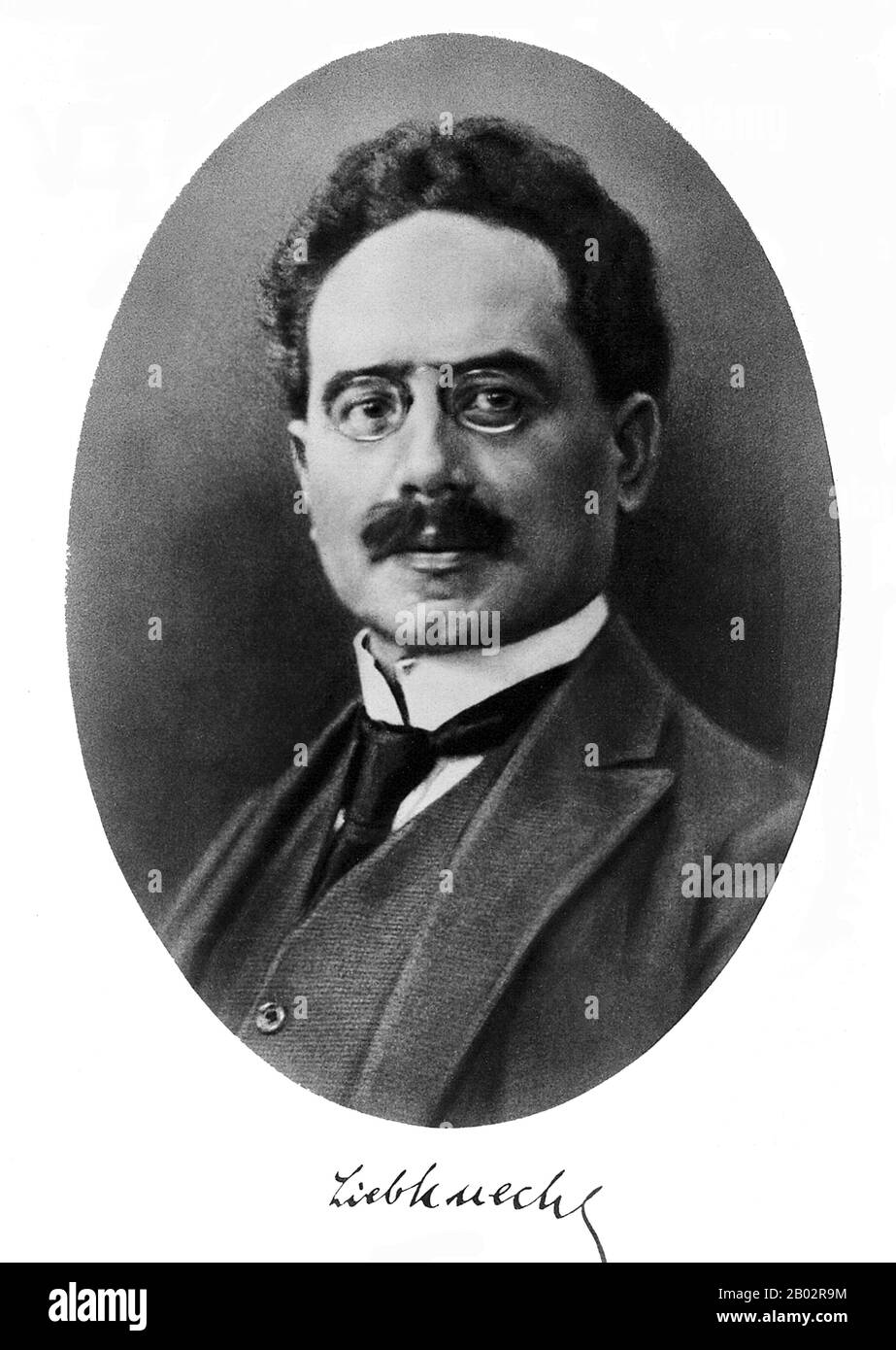 Karl Liebknecht (13 August 1871 – 15 January 1919) was a German socialist and a co-founder with Rosa Luxemburg of the Spartacist League and the Communist Party of Germany. He is best known for his opposition to World War I in the Reichstag and his role in the Spartacist uprising of 1919.  The uprising was crushed by the social democrat government and the Freikorps (paramilitary units formed of World War I veterans). Liebknecht and Luxemburg were killed.  After their deaths, Karl Liebknecht and Rosa Luxemburg became martyrs for German left wing politics. Stock Photo