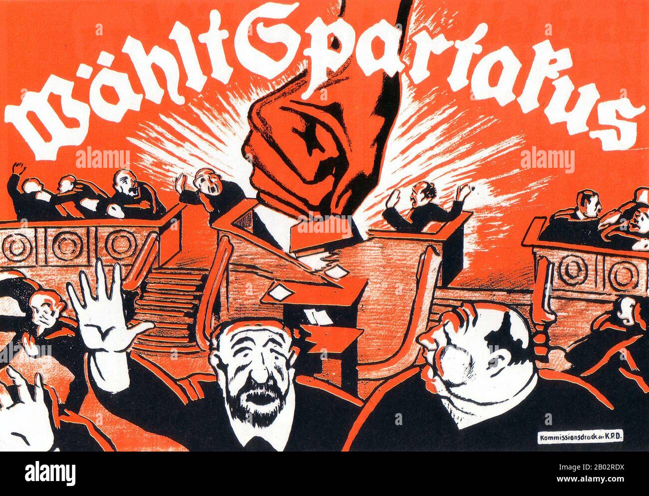 The Spartacus League (German: Spartakusbund) was a Marxist revolutionary movement organized in Germany during World War I. The League was named after Spartacus, leader of the largest slave rebellion of the Roman Republic. It was founded by Karl Liebknecht, Rosa Luxemburg, Clara Zetkin, and others.  The League subsequently renamed itself the Kommunistische Partei Deutschlands (KPD), joining the Comintern in 1919. Its period of greatest activity was during the German Revolution of 1918, when it sought to incite a revolution by circulating the newspaper Spartacus Letters. Stock Photo