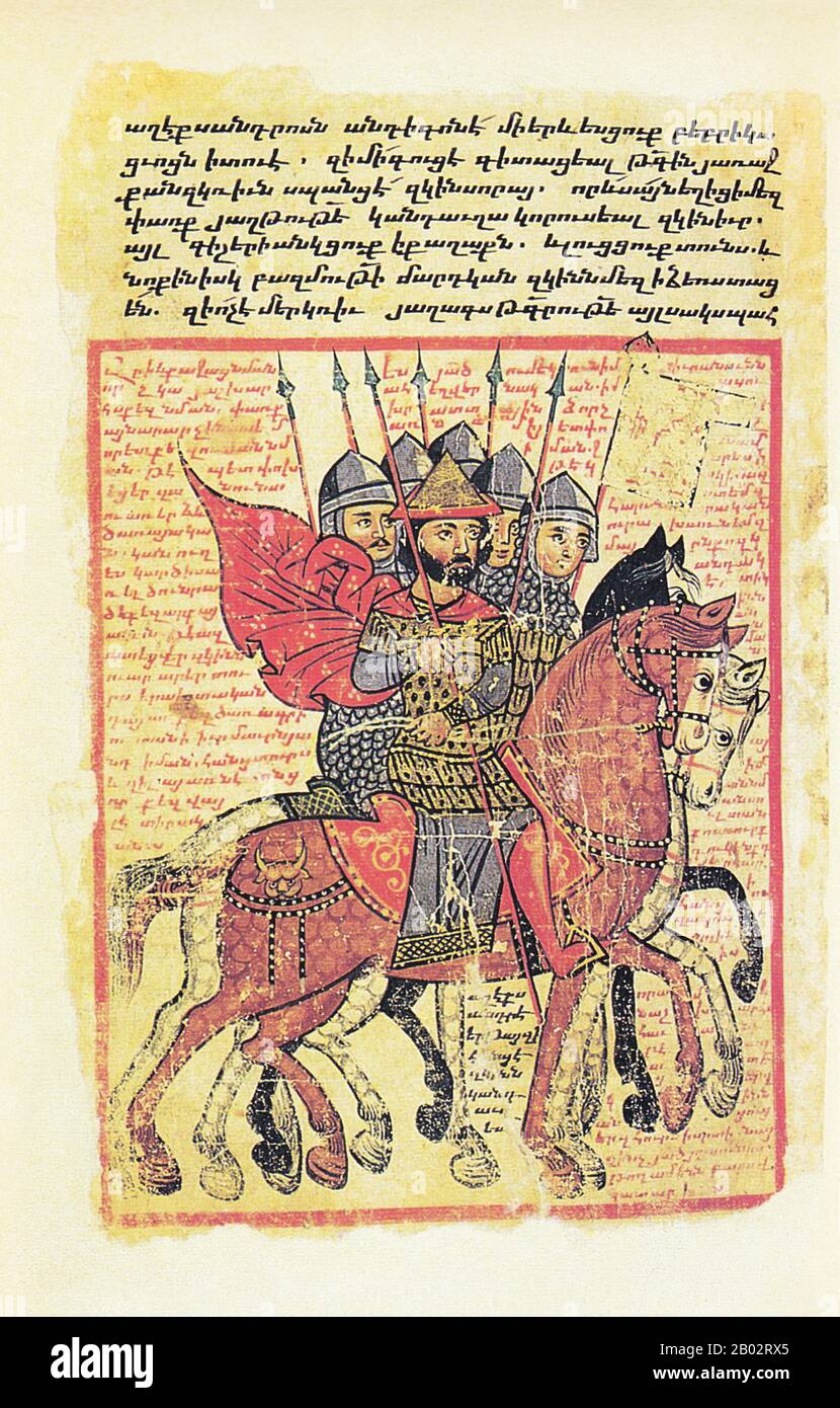 The Alexander romance is any of several collections of legends concerning the mythical exploits of Alexander the Great. The earliest version is in Greek, dating to the 3rd century. Several late manuscripts attribute the work to Alexander's court historian Callisthenes, but the historical figure died before Alexander and could not have written a full account of his life. The unknown author is still sometimes called Pseudo-Callisthenes.  The text was recast into various versions between the 4th and the 16th centuries CE, in Medieval Greek, Latin, Armenian, Syriac, Hebrew and most medieval Europe Stock Photo