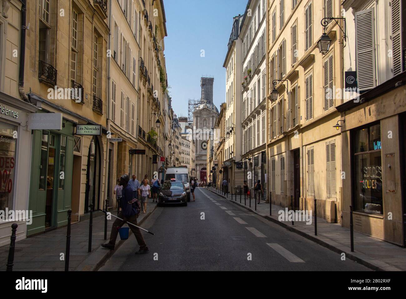Street with shops in Le Marais, Paris Stock Photo