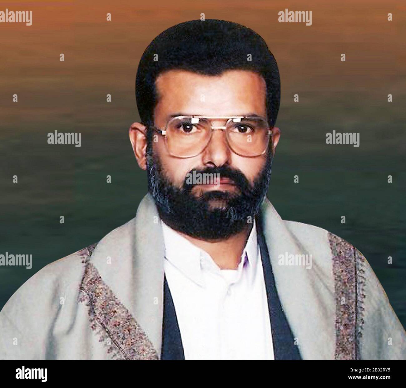 Hussein Badreddin al-Houthi (1956 – 10 September 2004), also spelled Hussein Badr Eddin al-Houthi, was a Zaidi religious leader and former member of the Yemeni parliament for the Al-Haqq Islamic party between 1993 and 1997. He was an instrumental figure in the Houthi insurgency against the Yemeni government, which began in 2004.  Al-Houthi, who was a one-time rising political aspirant in Yemen, had wide religious and tribal backing in northern Yemen's mountainous regions. The Houthis movement took his name after his death in 2004. Stock Photo