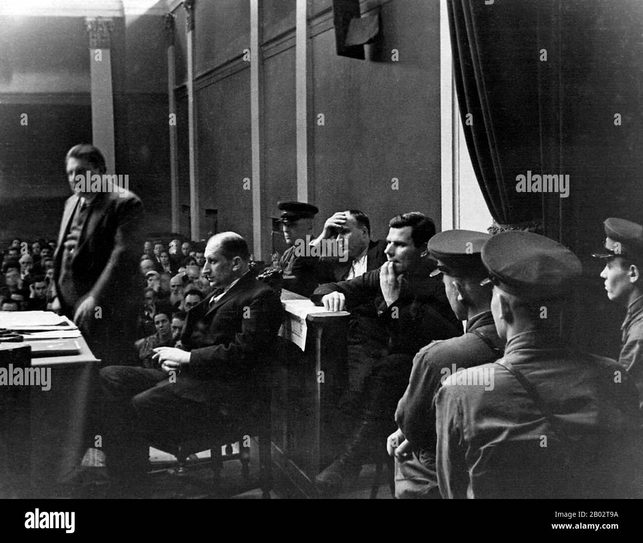 The Moscow Trials were a series of show trials held in the Soviet Union at the instigation of Joseph Stalin between 1936 and 1938. The defendants included most of the surviving Old Bolsheviks, as well as the former leadership of the Soviet secret police.  The Moscow Trials led to the execution of many of the defendants, including most of the surviving Old Bolsheviks. The trials are generally seen as part of Stalin's Great Purge which was an attempt to rid the party of current or prior party oppositionists. Trotskyists were especially targeted, but not exclusively. Indeed any leading Bolshevik Stock Photo