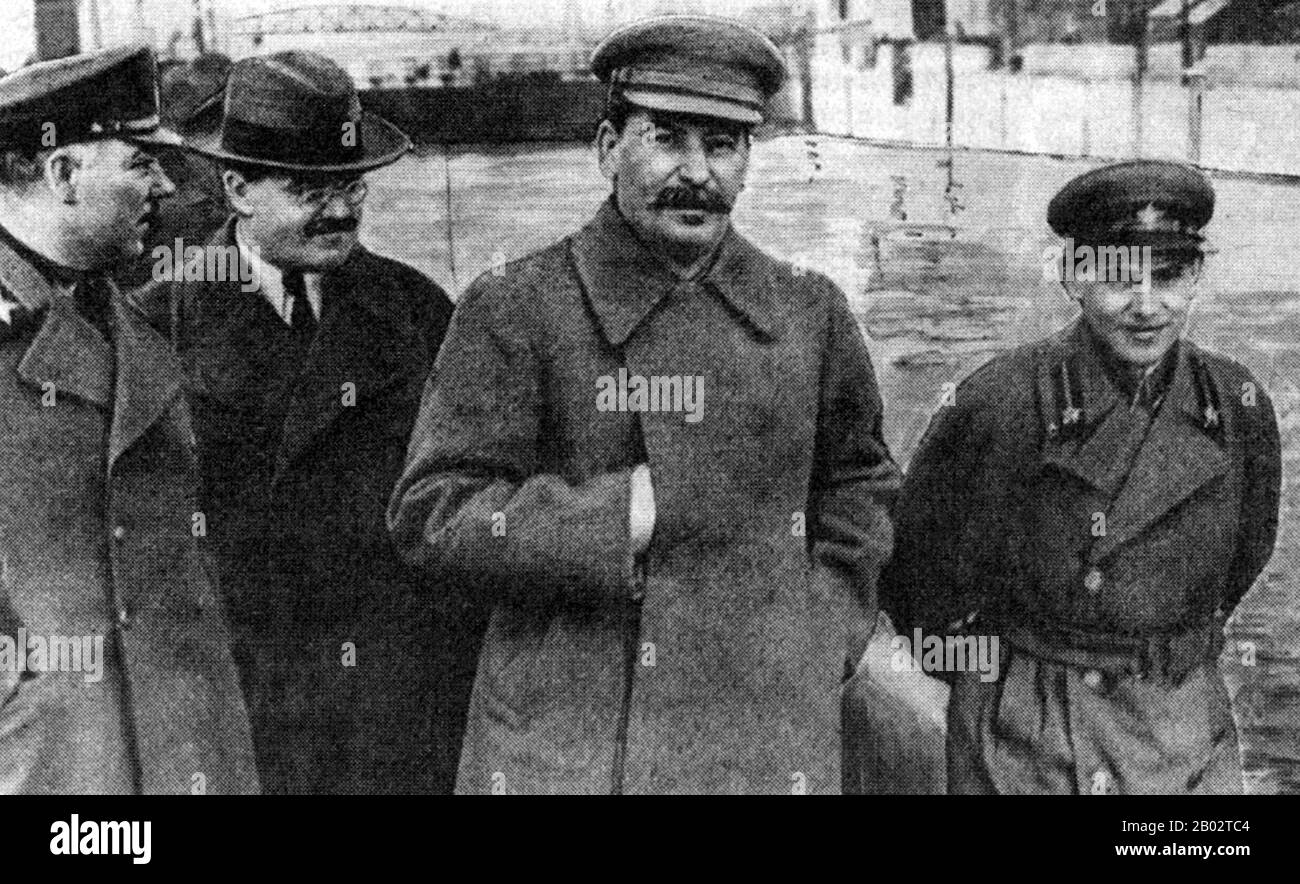 Nikolai Yezhov, head of the NKVD from 1936 to 1938, was arrested and executed in 1938 as an 'enemy of the people'. In 1940 Yezhov was shot in an execution chamber with a sloping floor, which was for hosing and had been built according to Yezhov's own specifications near the Lubyanka.  After his execution, Yezhov was painstakingly removed from this image, earning him the posthumous nickname 'the Vanishing Commissar'. Stock Photo
