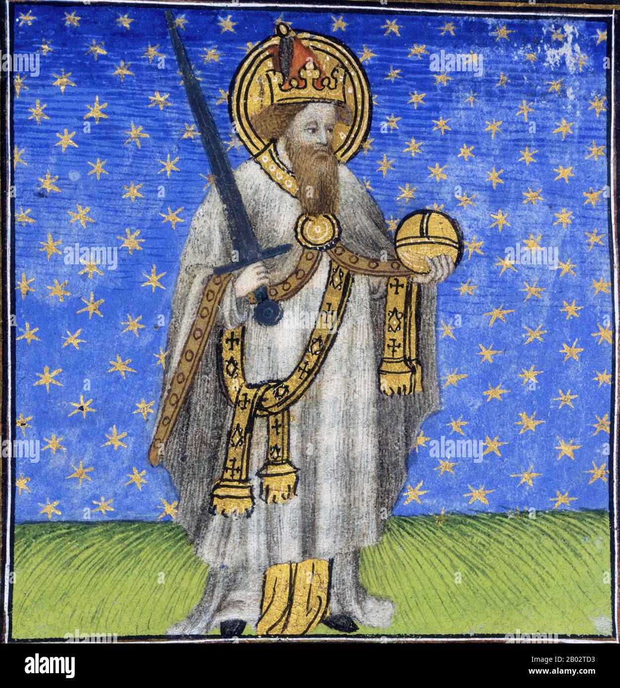Charlemagne (2 April 742 – 28 January 814 CE), also known as Charles the Great (Latin: Carolus or Karolus Magnus, French: Charles Le Grand or Charlemagne, German: Karl der Grosse, Italian: Carlo Magno or Carlomagno) or Charles I, was King of the Franks who united most of Western Europe during the Middle Ages and laid the foundations for modern France and Germany. He took the Frankish throne from 768 and became King of Italy from 774. From 800 he became the first Holy Roman Emperor - the first recognized Roman emperor in Western Europe since the collapse of the Western Roman Empire three centur Stock Photo