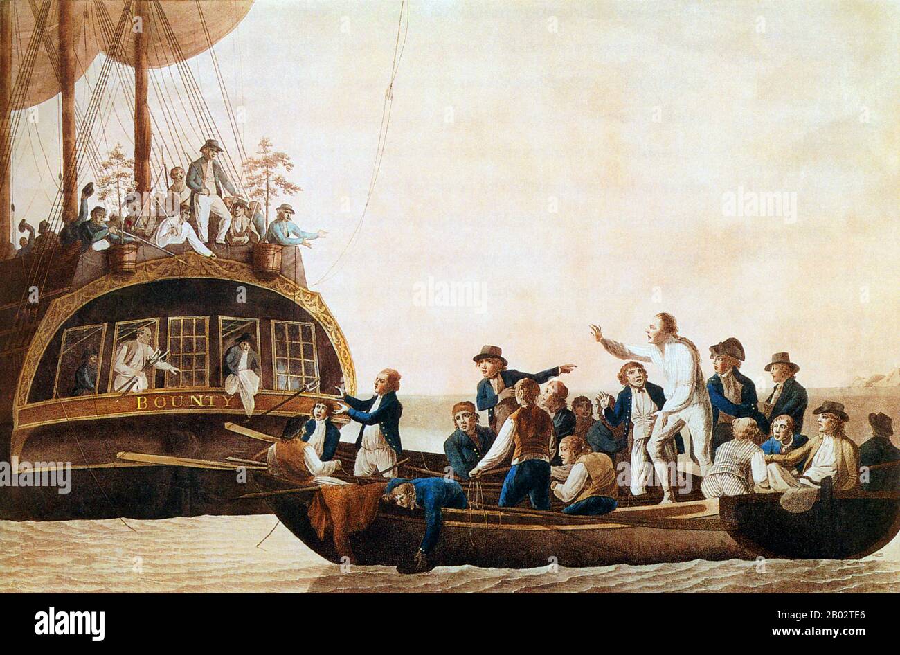 The Mutiny on the Bounty was a mutiny aboard the Royal Navy ship HMS Bounty on 28 April 1789. The mutiny was led by Fletcher Christian against their captain, Lieutenant William Bligh.  Eighteen mutineers set Bligh afloat in a small boat with eighteen of the twenty-two crew loyal to him. To avoid detection and prevent desertion, the mutineers then variously settled on Pitcairn Island or on Tahiti and burned Bounty off Pitcairn. Stock Photo