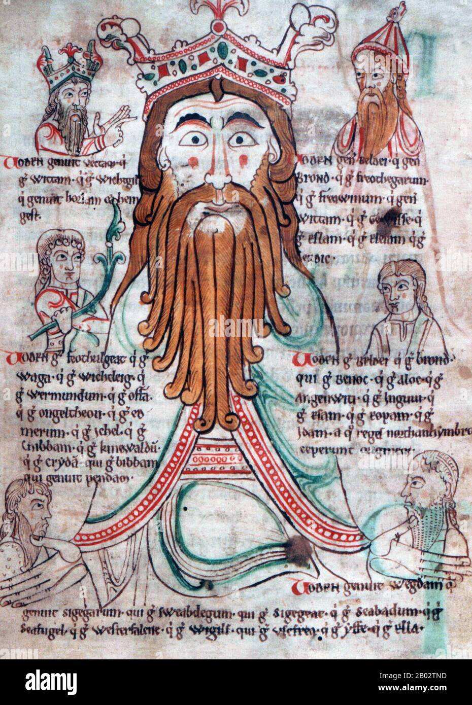 The Libellus de primo Saxonum uel Normannorum adventu, located in a 12th-century manuscript (London, British Library Cotton Caligula A. viii) and often attributed to Symeon of Durham, contains an illustration of Odin as Woden, crowned as ancestral king of the Anglo-Saxons.  The text surrounding the illustration describes the royal lineages of the kingdoms of Kent, Mercia, Deira, Bernicia and Wessex respectively, each claiming descent and the right to rule from this legendary figure. Stock Photo