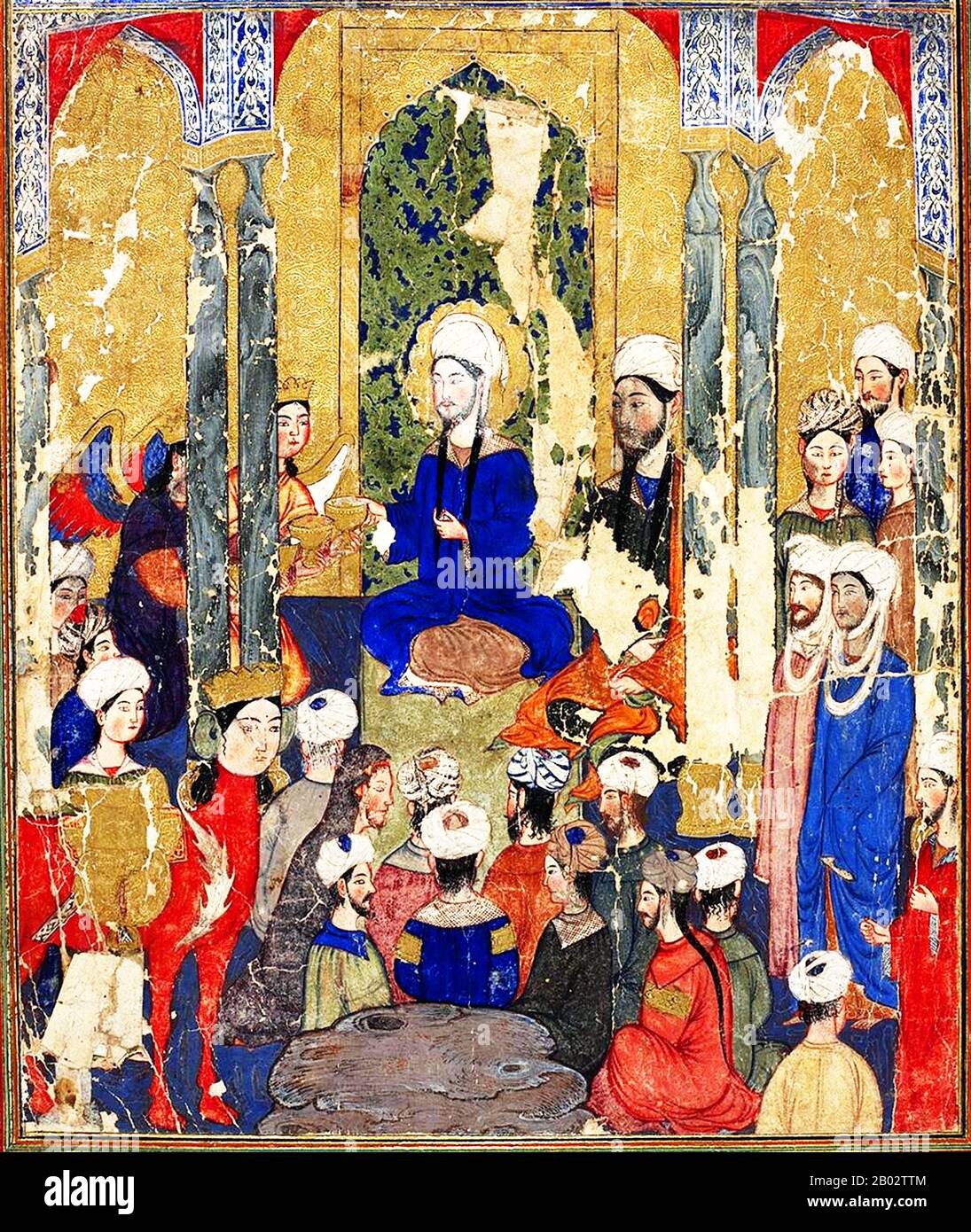 The Miraj forms part of the Night Journey that the prophet of Islam, Muhammad took during a single night around the year 621 CE.  In the journey, Muhammad travels on the steed Buraq to 'the farthest mosque' where he leads other prophets in prayer. He then ascends to heaven where he speaks to God, who gives Muhammad instructions to take back to the faithful regarding the details of prayer.  Representations of the Prophet Muhammad are controversial, and generally forbidden in Sunni Islam (especially Hanafiyya, Wahabi, Salafiyya). Shia Islam and some other branches of Sunni Islam (Hanbali, Maliki Stock Photo