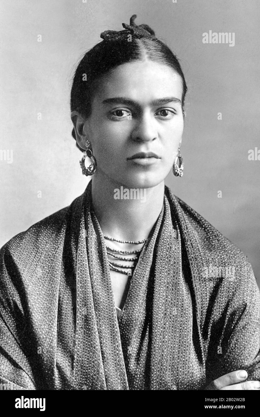 Frida Kahlo de Rivera (July 6, 1907 – July 13, 1954; born Magdalena Carmen Frieda Kahlo y Calderón, was a Mexican painter, born in Coyoacán. Perhaps best known for her self-portraits, Kahlo's work is remembered for its 'pain and passion', and its intense, vibrant colors.  Her work has been celebrated in Mexico as emblematic of national and indigenous tradition, and by feminists for its uncompromising depiction of the female experience and form. Kahlo had a stormy but passionate marriage with the prominent Mexican artist Diego Rivera. Stock Photo