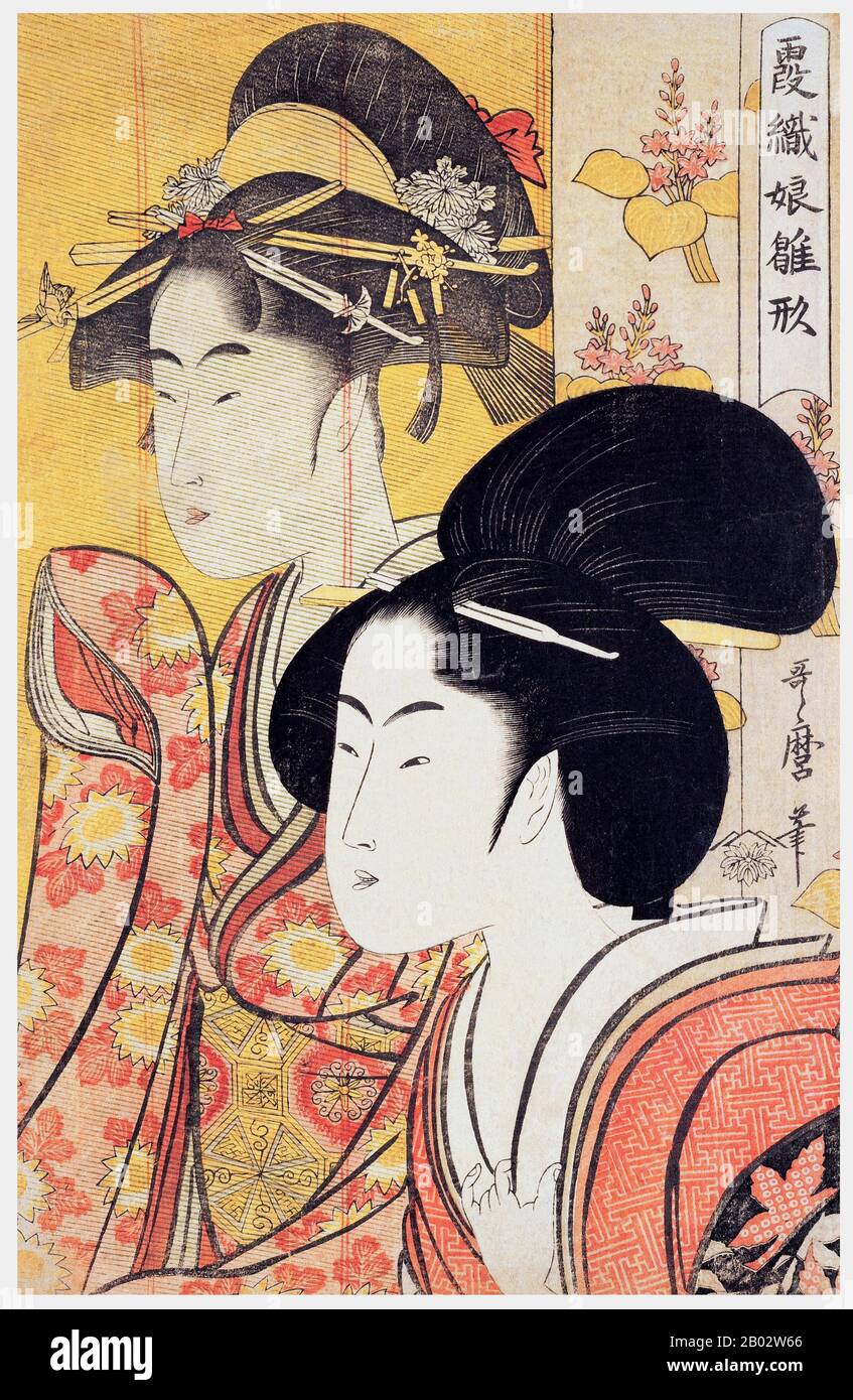 Kitagawa Utamaro (ca. 1753 - October 31, 1806) was a Japanese printmaker and painter, who is considered one of the greatest artists of woodblock prints (ukiyo-e). He is known especially for his masterfully composed studies of women, known as bijinga.  He also produced nature studies, particularly illustrated books of insects. Stock Photo