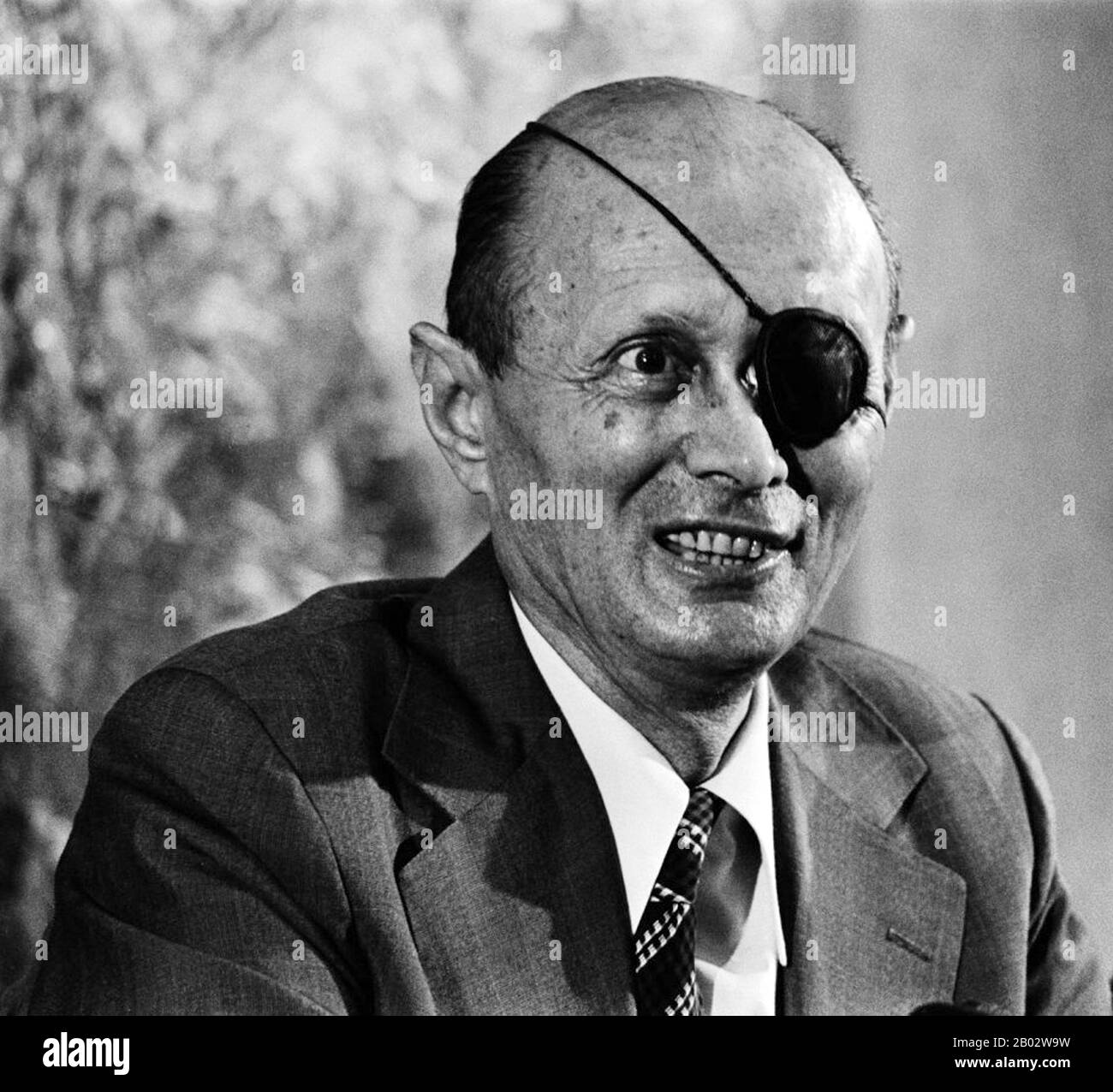 Moshe Dayan (20 May 1915 – 16 October 1981) was an Israeli military leader and politician. He was the second child born on the first kibbutz, but he moved with his family in 1921, and he grew up on a moshav (Israeli village or settlement).  As commander of the Jerusalem front in Israel's War of Independence, Chief of staff of the Israel Defense Forces (1953–58) during the 1956 Suez Crisis, but mainly as Defense Minister during the Six-Day War, he became a fighting symbol of the new state of Israel.  After being blamed for the army's lack of preparation before the outbreak of the 1973 Yom Kippu Stock Photo