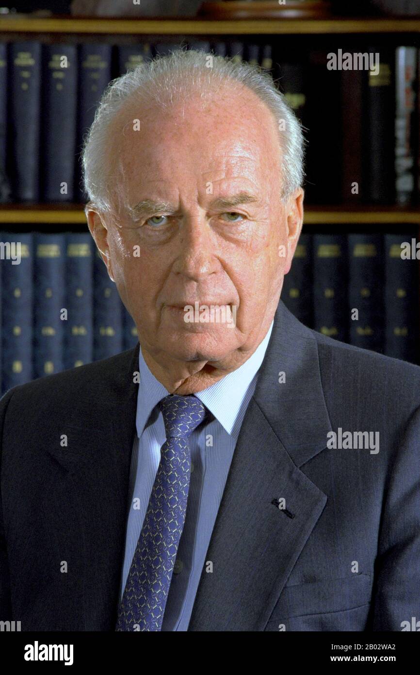 Yitzhak Rabin (1 March 1922 – 4 November 1995) was an Israeli politician, statesman and general. He was the fifth Prime Minister of Israel, serving two terms in office, 1974–77 and 1992 until his assassination in 1995.  Rabin led a 27-year career as a soldier. As a teenager he joined the Palmach, the commando force of the Yishuv. He eventually rose through its ranks to become its chief of operations during Israel's War of Independence. He joined the newly formed Israel Defense Forces in late 1948 and continued to rise as a promising officer. He helped shape the training doctrine of the IDF in Stock Photo