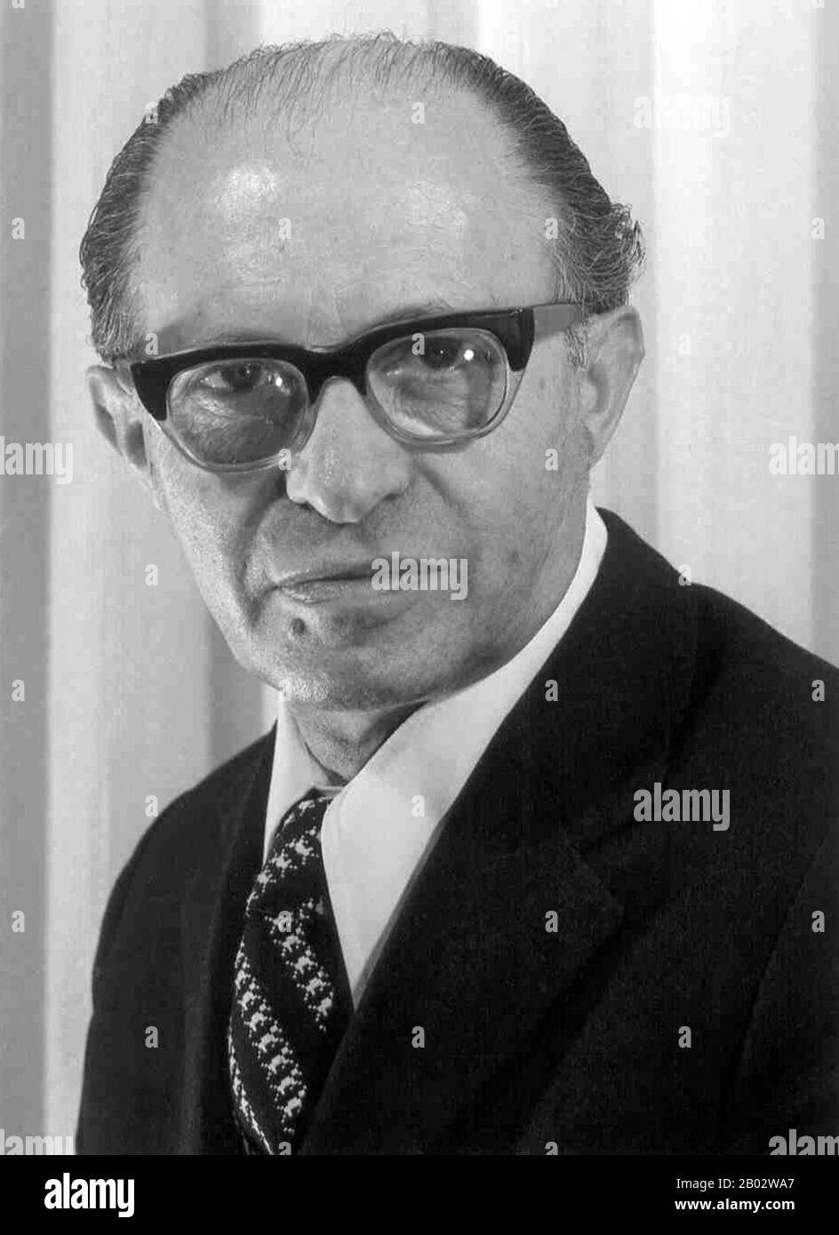 Menachem Begin (16 August 1913 – 9 March 1992) was an Israeli politician, founder of Likud and the sixth Prime Minister of the State of Israel. Before the creation of the state of Israel, he was the leader of the Zionist militant group Irgun, the Revisionist breakaway from the larger Jewish paramilitary organization Haganah. He proclaimed a revolt, on 1 February 1944, against the British mandatory government, which was opposed by the Jewish Agency. As head of the Irgun, he targeted the British in Palestine. During his leadership Irgun targeted Palestinian civilians in the Deir Yassin massacre. Stock Photo