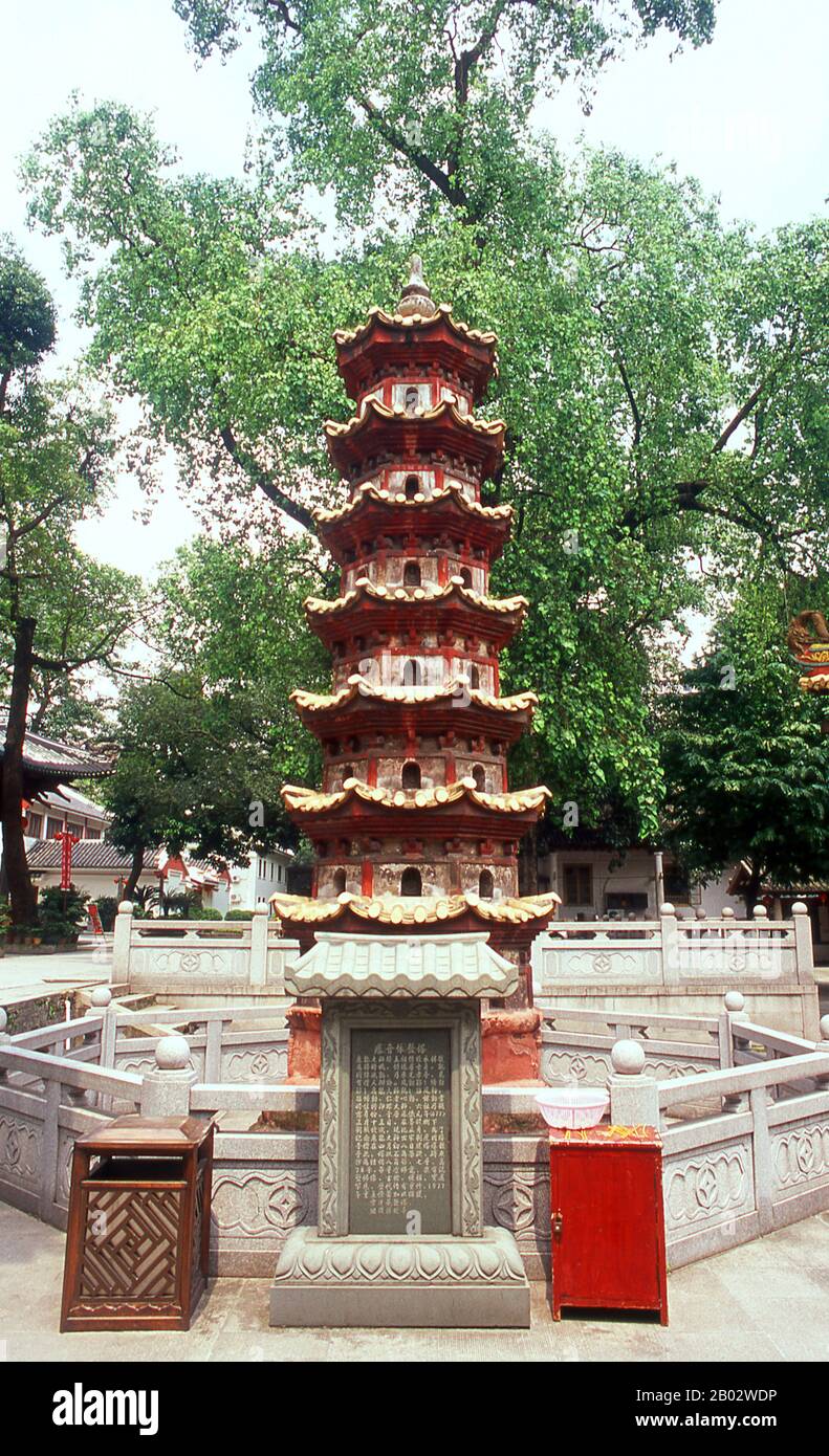 This Zen, or Chan, Buddhist temple, is the oldest in Guangzhou, dating back to the Eastern Jin dynasty (265 - 420 CE). It was originally built around 400 CE by an Indian monk. Hui Neng, the Sixth Patriarch of Zen Buddhism, served as a novice monk here in the 600s.  Most of the present structures date back to 1832, the time of the last big renovation. The Great Hall, with its impressive pillars, is still architecturally interesting. There are two pagodas behind the hall: the stone Yifa Pagoda built in 676 on top of a hair of Hui Neng, and the Song-dynasty Eastern Iron Pagoda, made of gilt iron. Stock Photo