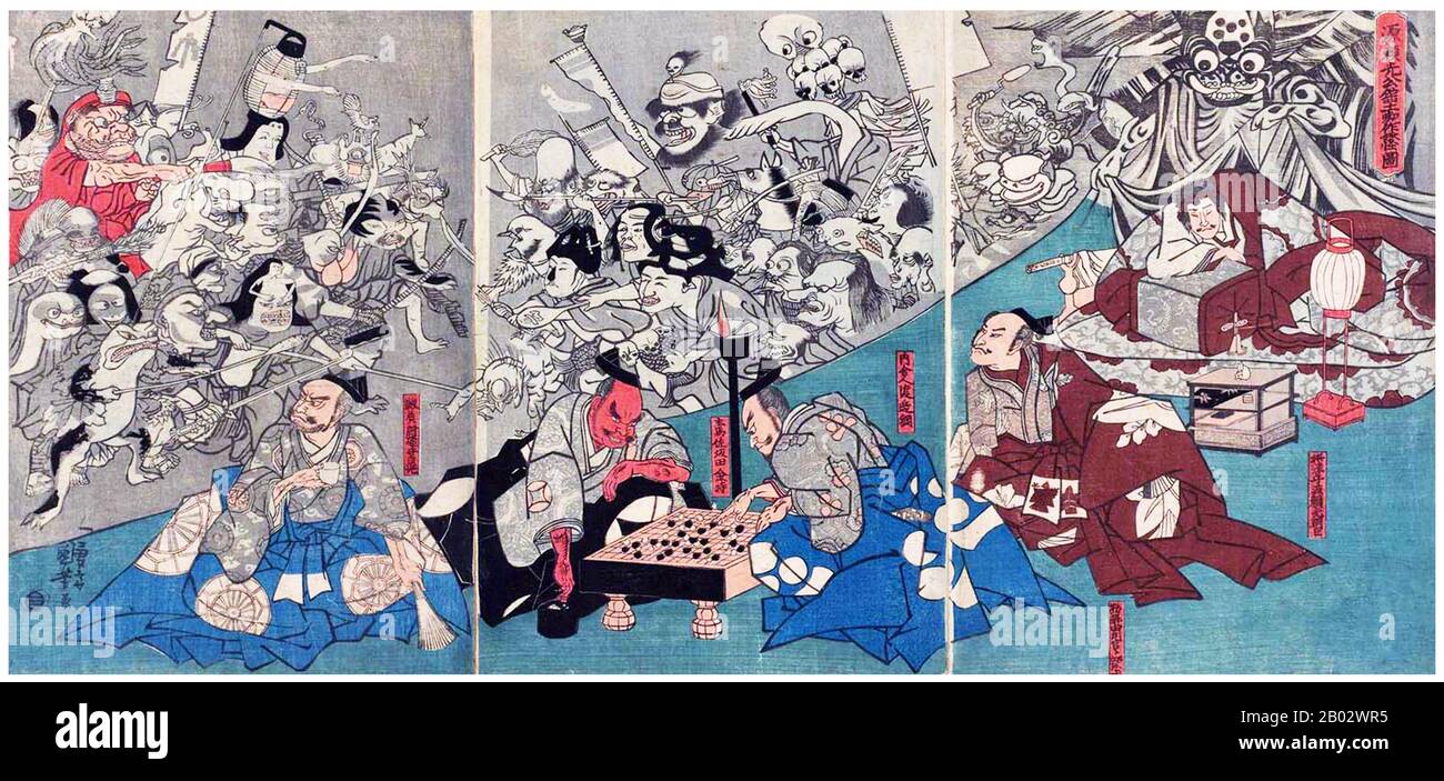 Utagawa Kuniyoshi (January 1, 1798 - April 14, 1861) was one of the last great masters of the Japanese ukiyo-e style of woodblock prints and painting. He is associated with the Utagawa school.  The range of Kuniyoshi's preferred subjects included many genres: landscapes, beautiful women, Kabuki actors, cats, and mythical animals. He is known for depictions of the battles of samurai and legendary heroes. His artwork was affected by Western influences in landscape painting and caricature. Stock Photo