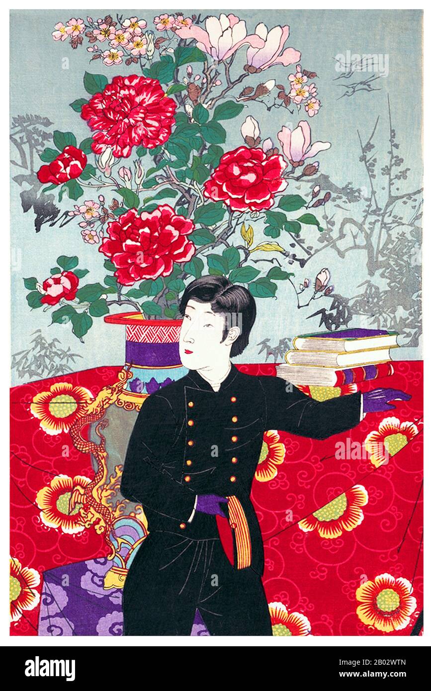 Emperor Taishō (Taisho-tenno, 31 August 1879 – 25 December 1926) was the 123rd Emperor of Japan, according to the traditional order of succession, reigning from 30 July 1912, until his death in 1926.  The Emperor’s personal name was Yoshihito. According to Japanese custom, during the reign the emperor is called the (present) Emperor. After death he is known by a posthumous name that, according to a practice dating to 1912, is the name of the era coinciding with his reign. Having ruled during the Taisho period, he is correctly known as The Taisho Emperor. Stock Photo