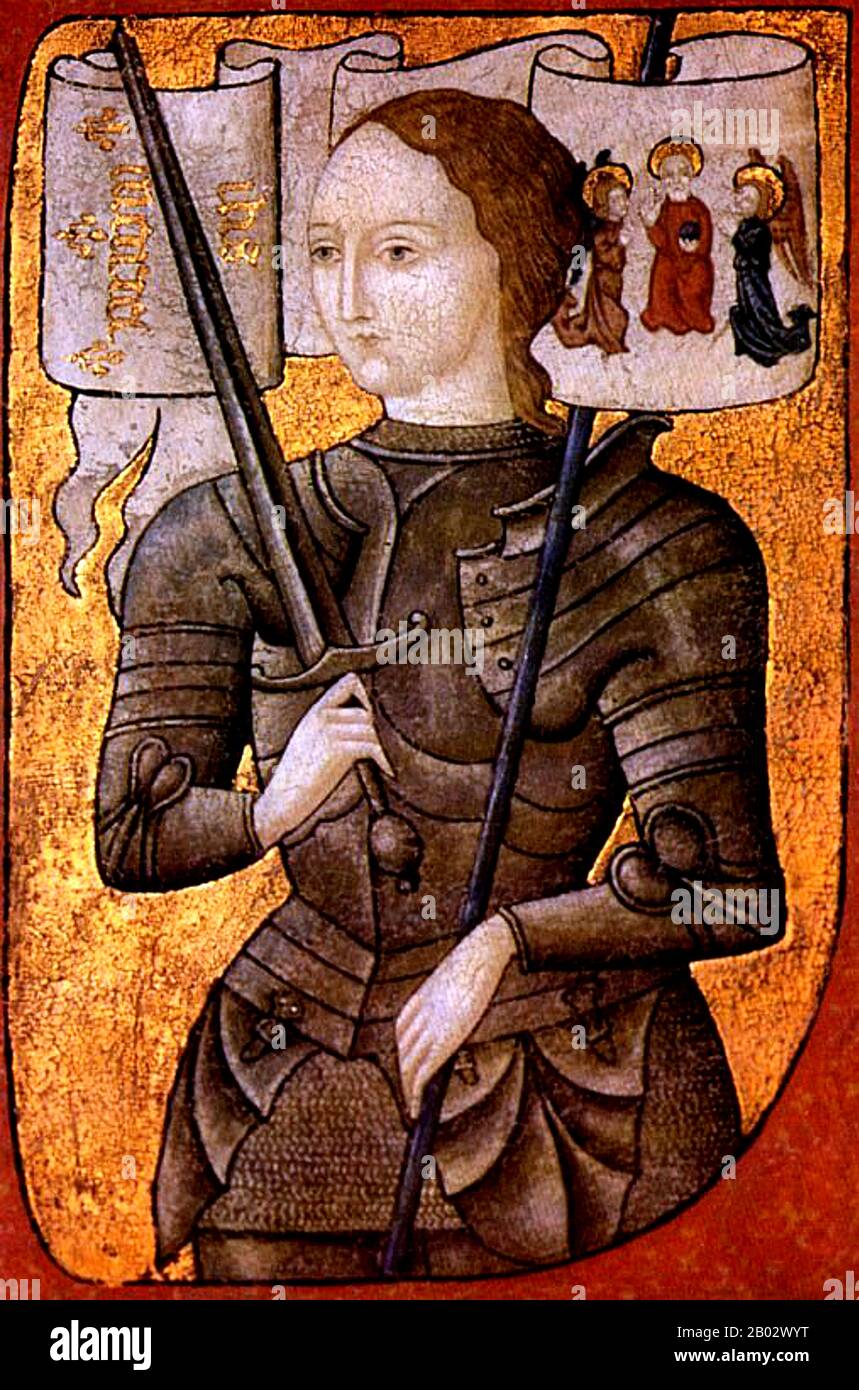 France: Jeanne d'Arc / Joan of Arc (c. 1412 - 30 May 1431). Painting on parchment, c. 1485.  Saint Joan of Arc, nicknamed 'The Maid of Orléans', is considered a national heroine of France and a Catholic saint. A peasant girl born in eastern France who claimed divine guidance, she led the French army to several important victories during the Hundred Years' War, which paved the way for the coronation of Charles VII.  She was captured by the Burgundians, sold to the English, tried by an ecclesiastical court, and burned at the stake when she was 19 years old. Stock Photo
