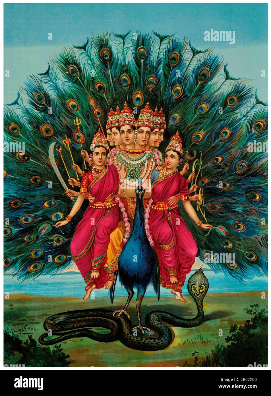 Kartikeya, also known as Skanda, Kumaran, Kumara Swami and Subramaniyan, is the Hindu god of war. He is the commander-in-chief of the army of the devas (gods) and the son of Shiva and Parvati.  Murugan is often referred to as 'Tamil Kadavul' (meaning 'God of Tamils') and is worshiped primarily in areas with Tamil influences, especially South India, Sri Lanka, Mauritius, Indonesia, Malaysia, Singapore and Reunion Island. His six most important shrines in India are the Arupadaiveedu temples, located in Tamil Nadu. In Sri Lanka, the sacred historical Nallur Kandaswamy temple in Jaffna and Katarag Stock Photo