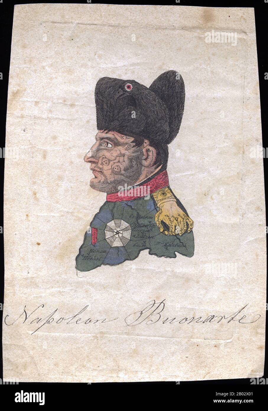A satirical head and shoulders portrait of Napoleon. Napoleon's hat is an eagle representing Prussia, which has dug its claws into Napoleon by one interpretation, or is the 'discomfited French Eagle, maimed and crouching'.  Napoleon's face is formed of the bodies of the dead amassed during his campaigns; his collar is a sea of blood with a vessel below his ear; his jacket shows the Rhineland states, the dissolved Confederation that had been Napoleon's puppets; the order of the Legion of Honour shows the spider's web in which the Confederations' members had been caught; his epaulette is the 'Ha Stock Photo