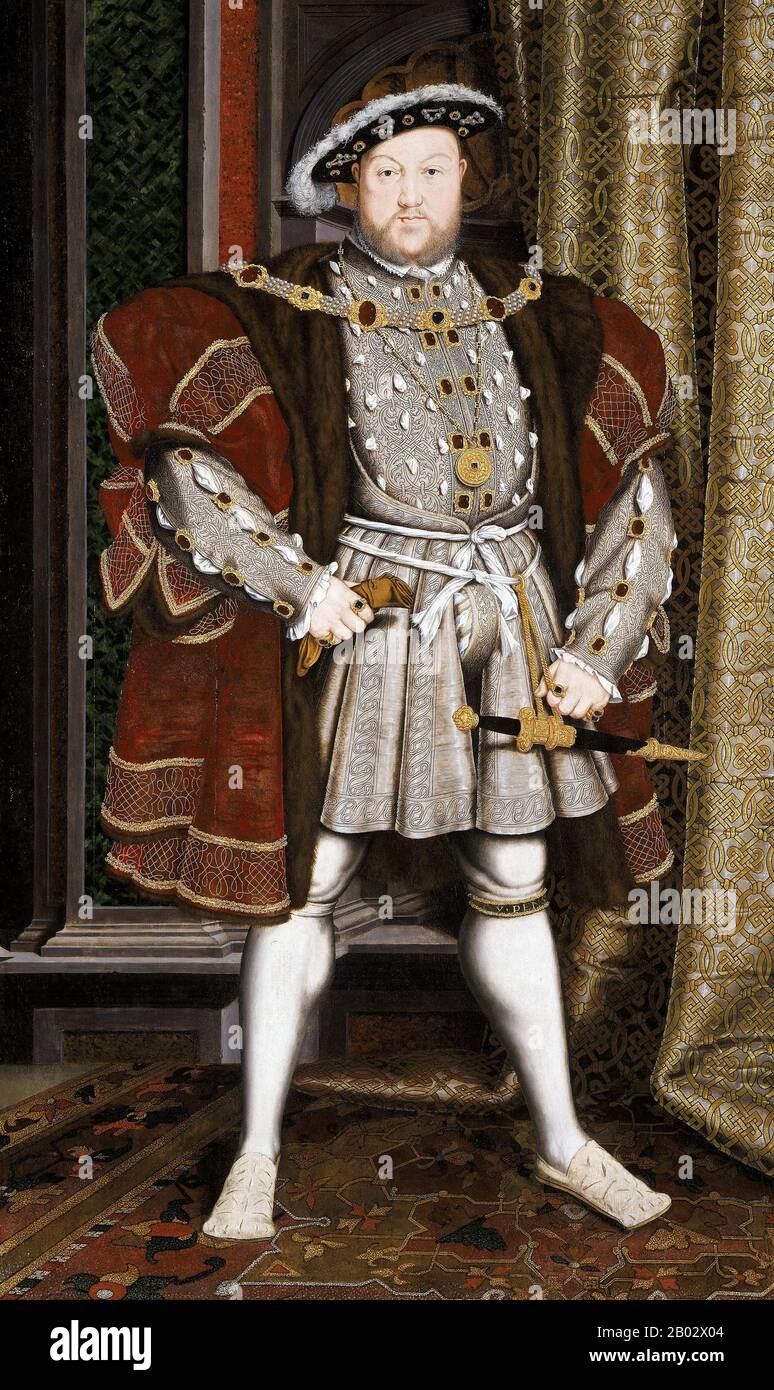 Henry VIII (28 June 1491 – 28 January 1547) was King of England from 21 April 1509 until his death. He was Lord, and later assumed the Kingship, of Ireland, and continued the nominal claim by English monarchs to the Kingdom of France.  Henry was the second monarch of the Tudor dynasty, succeeding his father, Henry VII. Stock Photo