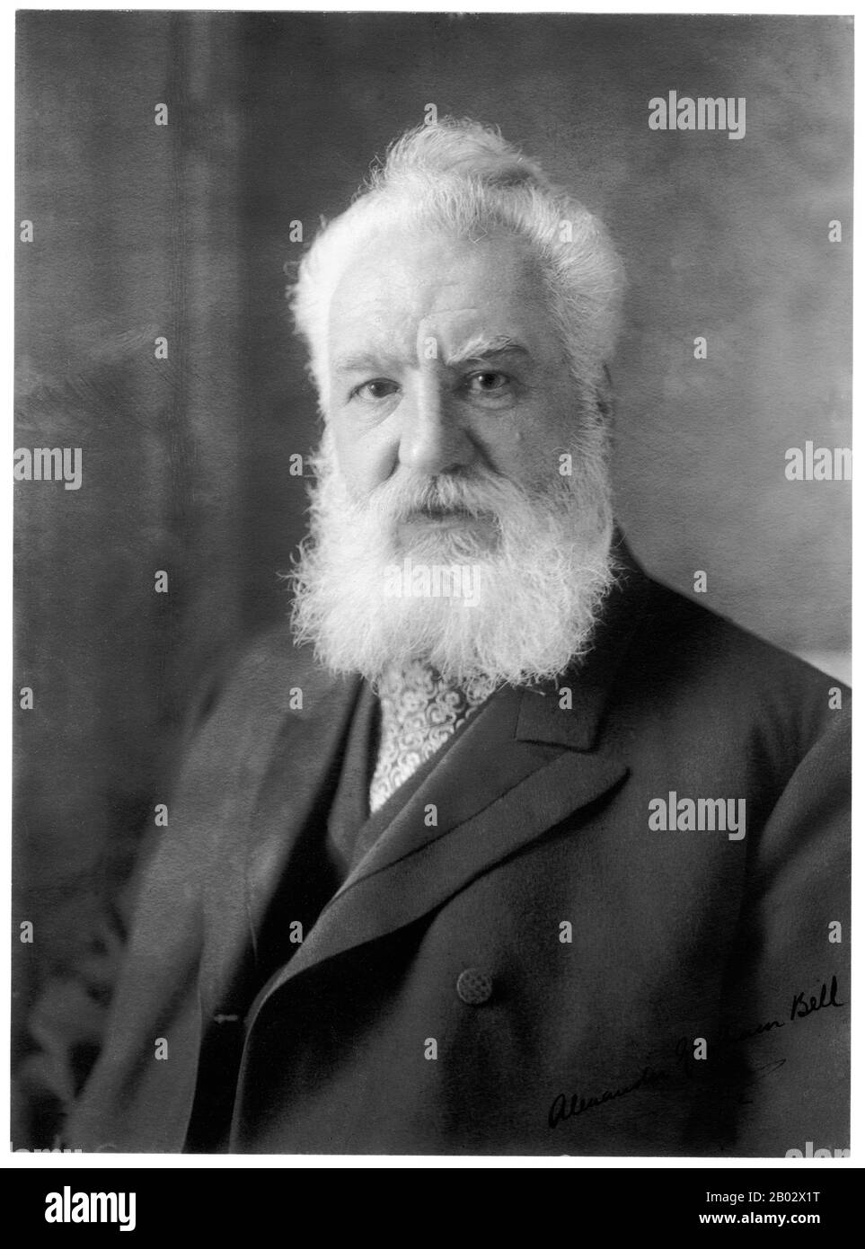 Alexander Graham Bell (March 3, 1847 – August 2, 1922) was an eminent Scottish-born scientist, inventor, engineer and innovator who is credited with inventing the first practical telephone.  Bell's father, grandfather, and brother had all been associated with work on elocution and speech, and both his mother and wife were deaf, profoundly influencing Bell's life's work. His research on hearing and speech further led him to experiment with hearing devices which eventually culminated in Bell being awarded the first U.S. patent for the telephone in 1876. Bell considered his most famous invention Stock Photo