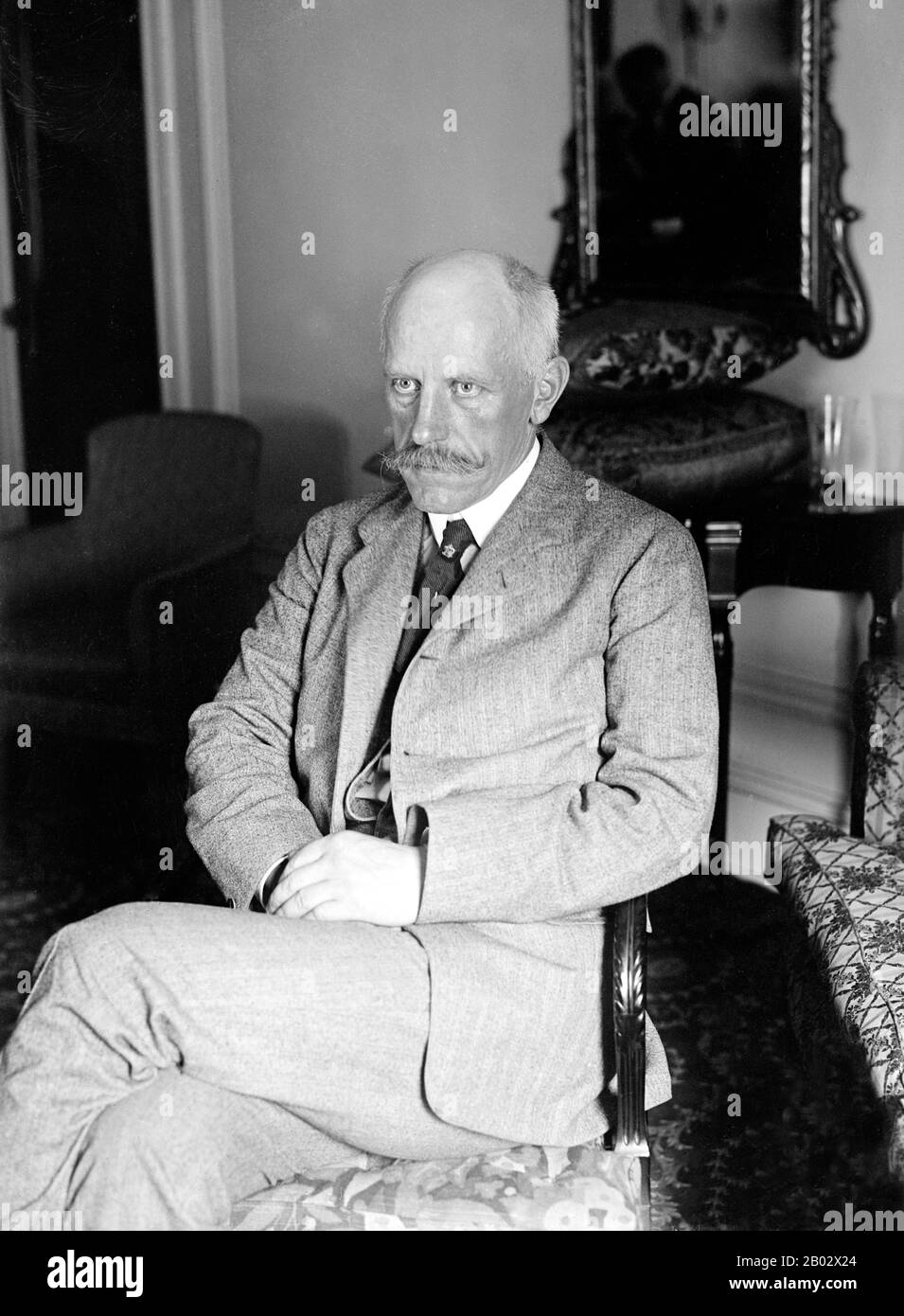 Fridtjof Nansen (10 October 1861 – 13 May 1930) was a Norwegian explorer, scientist, diplomat, humanitarian and Nobel Peace Prize laureate. In his youth a champion skier and ice skater, he led the team that made the first crossing of the Greenland interior in 1888, cross-country skiing on the island, and won international fame after reaching a record northern latitude of 86°14′ during his North Pole expedition of 1893–96.  In the final decade of his life, Nansen devoted himself primarily to the League of Nations, following his appointment in 1921 as the League's High Commissioner for Refugees. Stock Photo