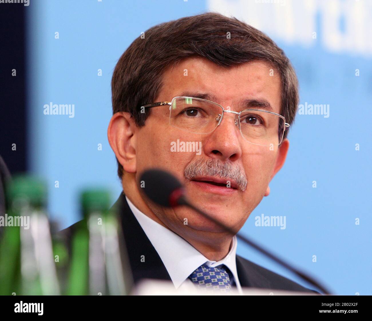 Ahmet Davutoglu (born 26 February 1959) is a Turkish diplomat and politician who has been the Prime Minister of Turkey since 28 August 2014 and the leader of the Justice and Development Party (AKP) since 27 August 2014. He previously served as the Minister of Foreign Affairs from 2009 to 2014.  Following the election of serving Prime Minister and AKP leader Recep Tayyip Erdogan as the 12th President of Turkey, Davutoglu was announced by the AKP Central Executive Committee as a candidate for the party leadership. He was unanimously elected as leader unopposed during the first AKP extraordinary Stock Photo