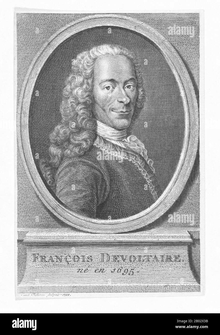 François-Marie Arouet (21 November 1694 – 30 May 1778), known by his nom de plume Voltaire, was a French Enlightenment writer, historian, and philosopher famous for his wit, his attacks on the established Catholic Church, and his advocacy of freedom of religion, freedom of expression, and separation of church and state.  Voltaire was a versatile writer, producing works in almost every literary form, including plays, poems, novels, essays, and historical and scientific works. He wrote more than 20,000 letters and more than 2,000 books and pamphlets. He was an outspoken advocate, despite the ris Stock Photo