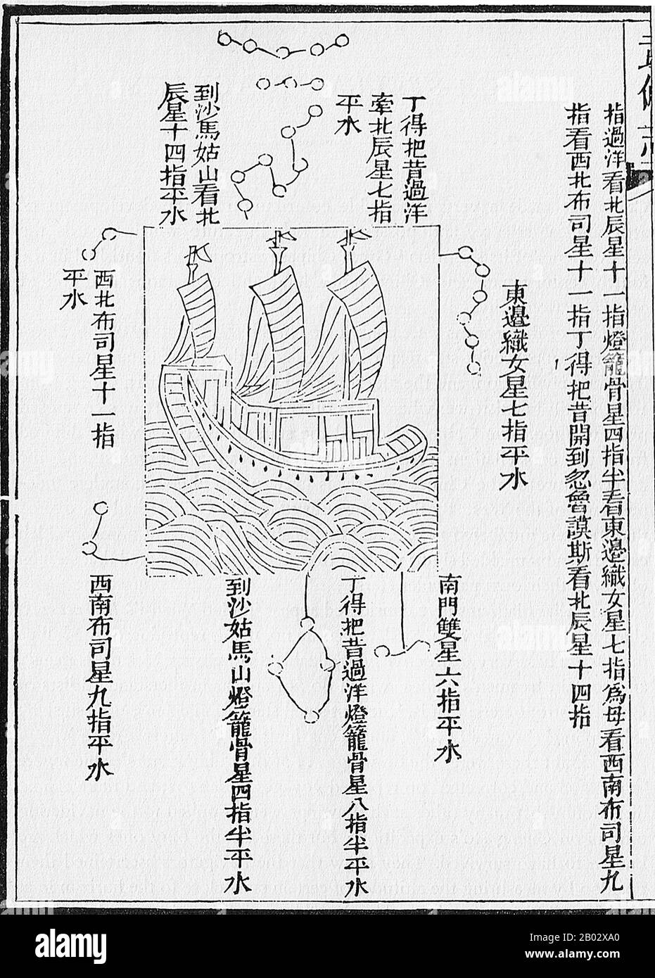 Between 1405 and 1433, the Ming government sponsored a series of seven naval expeditions. The Yongle emperor designed them to establish a Chinese presence, impose imperial control over trade, impress foreign peoples in the Indian Ocean basin and extend the empire's tributary system.  Zheng He was placed as the admiral in control of the huge fleet and armed forces that undertook these expeditions. Zheng He's first voyage consisted of a fleet of up to 317 ships holding almost 28,000 crewmen, with each ship housing up to 500 men.  Zheng He's fleets visited Arabia, Brunei, East Africa, India, the Stock Photo