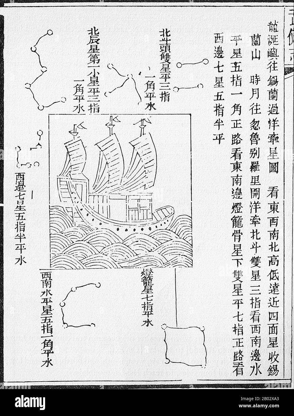 Between 1405 and 1433, the Ming government sponsored a series of seven naval expeditions. The Yongle emperor designed them to establish a Chinese presence, impose imperial control over trade, impress foreign peoples in the Indian Ocean basin and extend the empire's tributary system.  Zheng He was placed as the admiral in control of the huge fleet and armed forces that undertook these expeditions. Zheng He's first voyage consisted of a fleet of up to 317 ships holding almost 28,000 crewmen, with each ship housing up to 500 men.  Zheng He's fleets visited Arabia, Brunei, East Africa, India, the Stock Photo