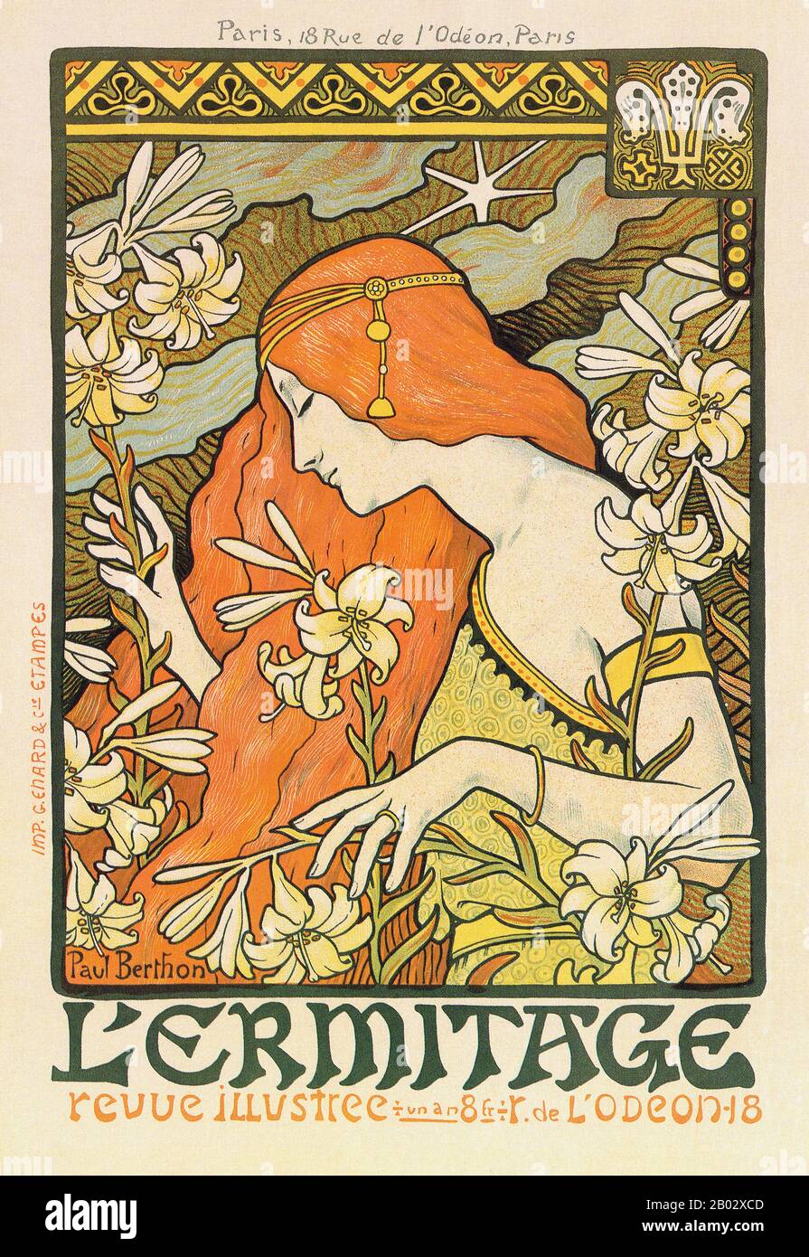 Paul Emile Berthon (1872–1909) was a French artist who produced primarily posters and lithographs. Berthon's work is in the style of Art Nouveau, much like his contemporary Alphonse Mucha. Berthon studied as a painter in Villefranche before moving to Paris. He later enrolled at the Ecole Normale d'Enseignement de Dessin and received lessons from Luc-Olivier Merson.  His study of the decorative arts influenced his print making, influencing the strong lines and natural details that guided his art. Stock Photo