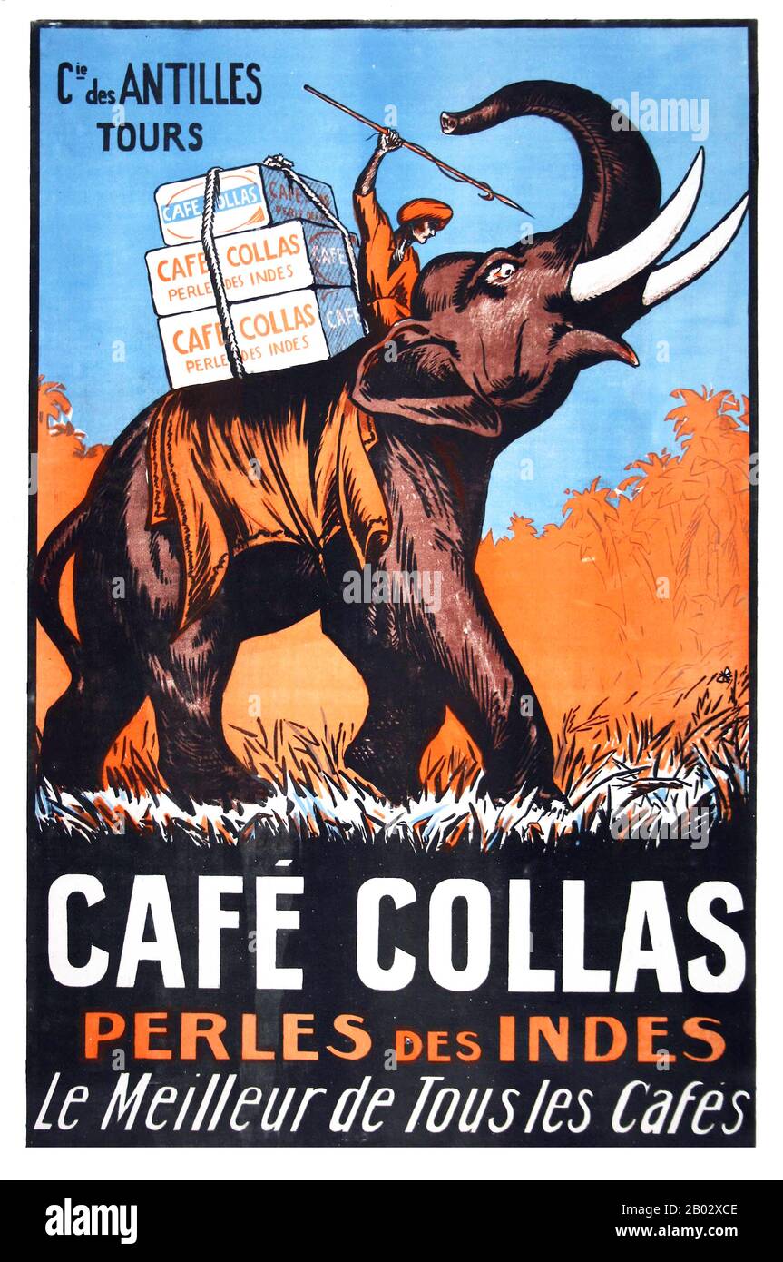This orientalist poster was designed in 1927 for the Collas coffee house. Rene Honore Collas founded the company, producing some of the best coffee in France. Collas opened in India in the mid 1920s, leading to this claim for Cafe Collas as 'la perle des indes', the pearl of India. Stock Photo