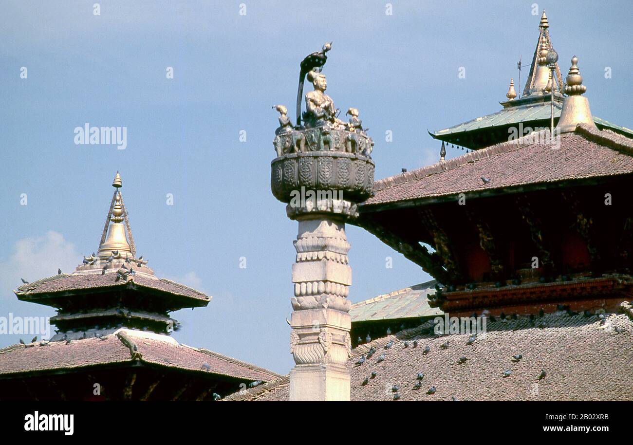 King Pratap Malla (1624 - 1674), of the Malla Dynasty and the ninth king of Kantipur, erected this column in 1670, preceeding two similar columns in Bhaktapur and Patan. The column is topped by a statue of King Pratap Malla and his two wives and five sons. Stock Photo