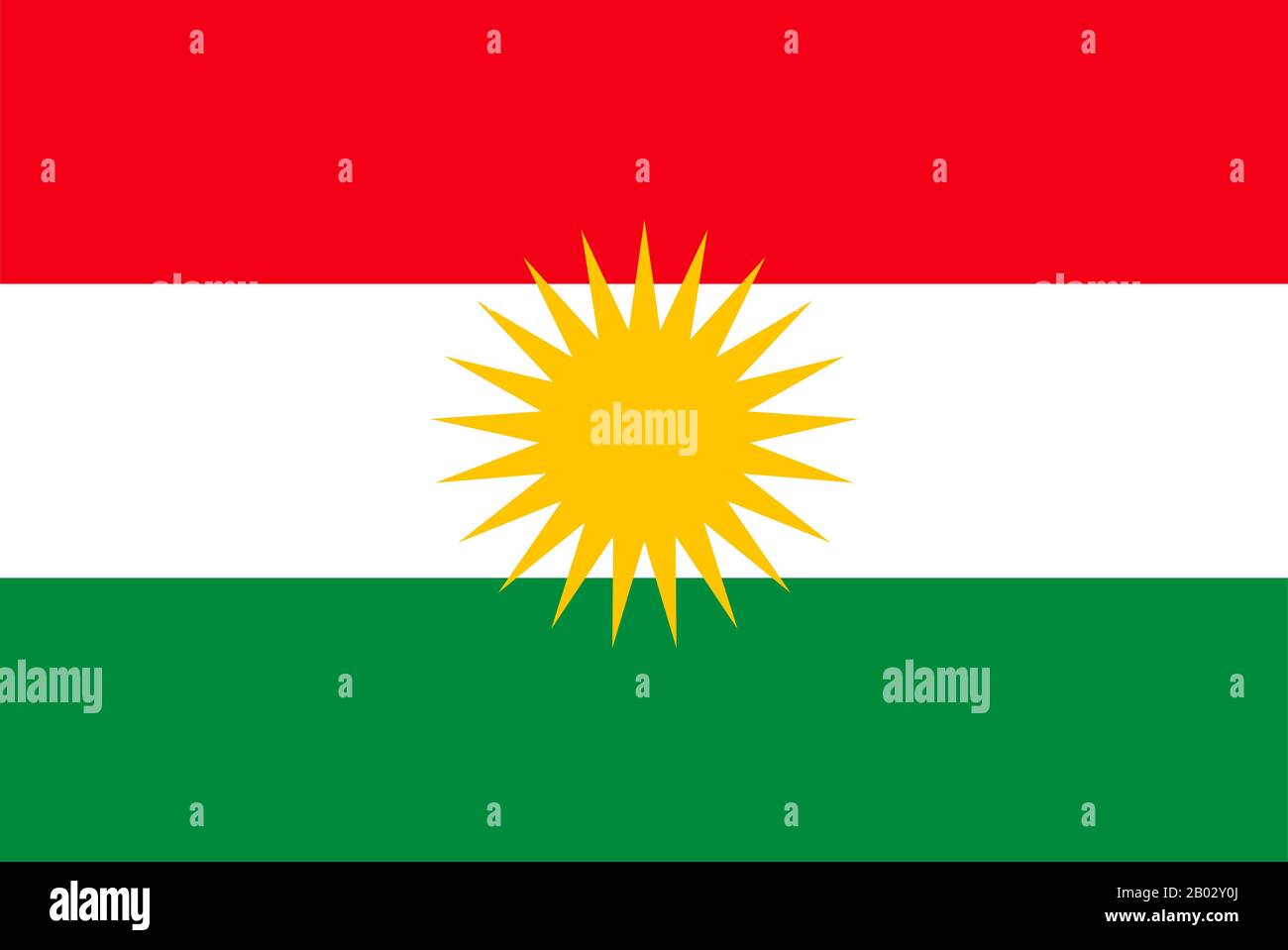 The Flag of Kurdistan, also called Alaya Rengin ('The Colorful Flag') first appeared during the movement for Kurdish independence from the Ottoman Empire.  Consisting of a tricolor of red, white, and green horizontal bands with a yellow sun disk of 21 rays at its center, it is currently the official flag of the autonomous Kurdistan Region in Iraq, which is under the control of the Kurdistan Regional Government. Stock Photo