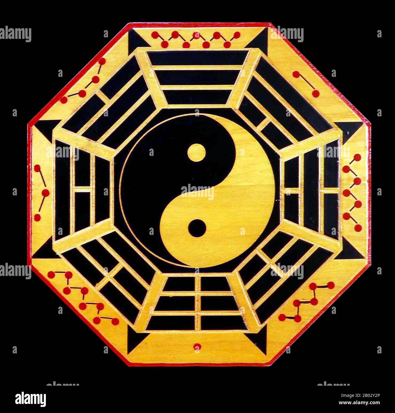 The bagua are eight trigrams used in Taoist cosmology to represent the fundamental principles of reality, seen as a range of eight interrelated concepts.  Each consists of three lines, each line either 'broken' or 'unbroken'', representing yin or yang, respectively. Due to their tripartite structure, they are often referred to as 'trigrams' in English.  In Chinese philosophy, yin and yang (also, yin-yang or yin yang) describes how apparently opposite or contrary forces are actually complementary, interconnected, and interdependent in the natural world, and how they give rise to each other as t Stock Photo