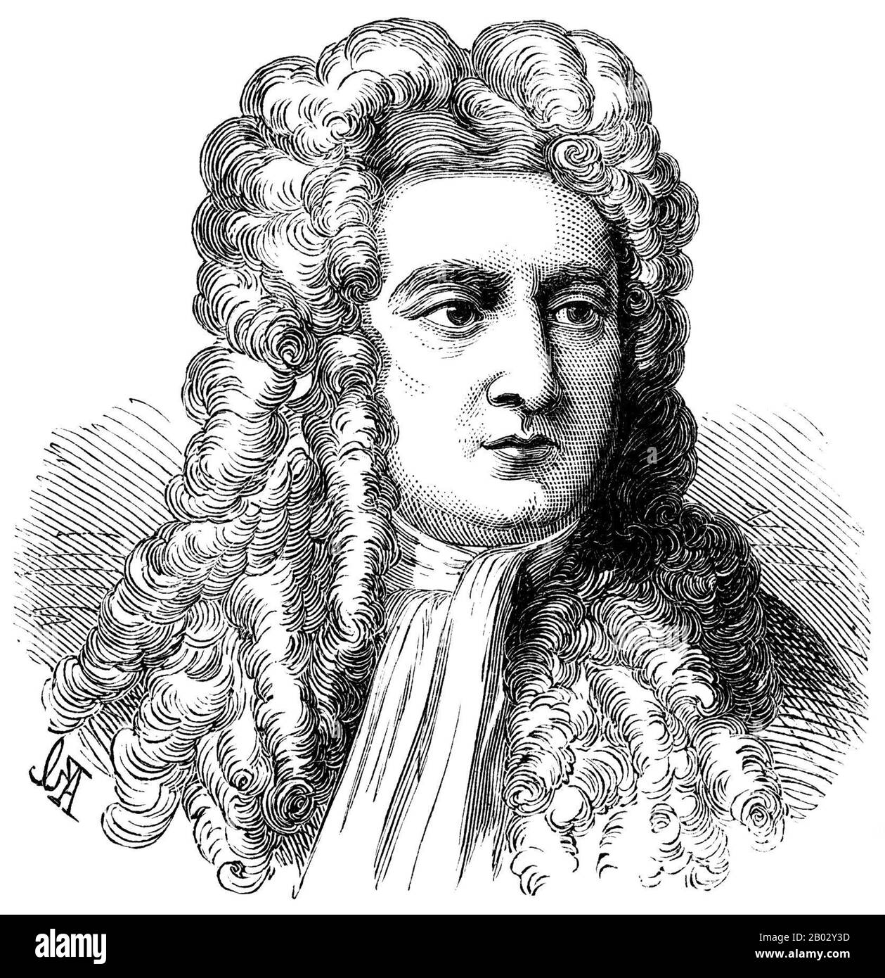 Sir Isaac Newton PRS MP (25 December 1642 – 20 March 1726)  was an English physicist and mathematician (described in his own day as a 'natural philosopher') who is widely recognised as one of the most influential scientists of all time and as a key figure in the scientific revolution.  His book Philosophiæ Naturalis Principia Mathematica ('Mathematical Principles of Natural Philosophy'), first published in 1687, laid the foundations for classical mechanics. Newton made seminal contributions to optics, and he shares credit with Gottfried Leibniz for the development of calculus. Stock Photo