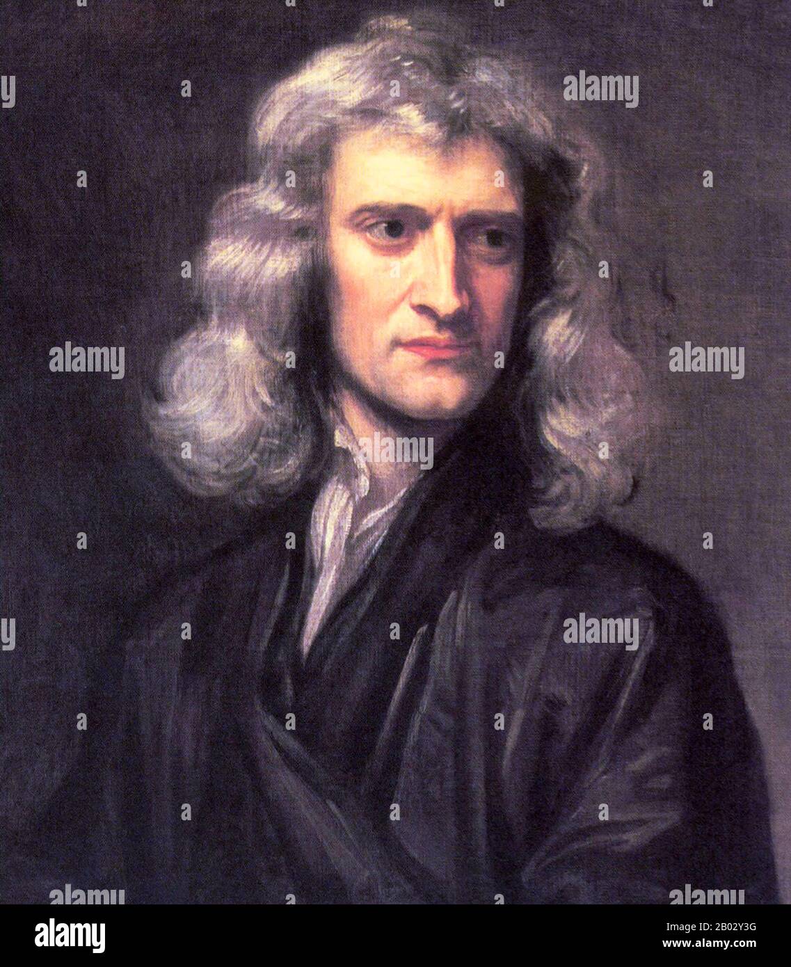 Sir Isaac Newton PRS MP (25 December 1642 – 20 March 1726)  was an English physicist and mathematician (described in his own day as a 'natural philosopher') who is widely recognised as one of the most influential scientists of all time and as a key figure in the scientific revolution.  His book Philosophiæ Naturalis Principia Mathematica ('Mathematical Principles of Natural Philosophy'), first published in 1687, laid the foundations for classical mechanics. Newton made seminal contributions to optics, and he shares credit with Gottfried Leibniz for the development of calculus. Stock Photo