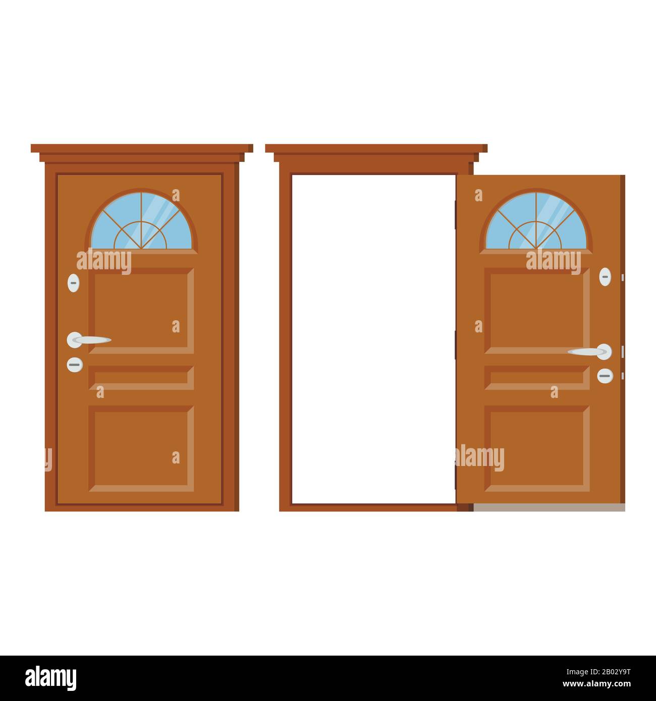 Wooden closed and open entrance door with frame. Stock Vector