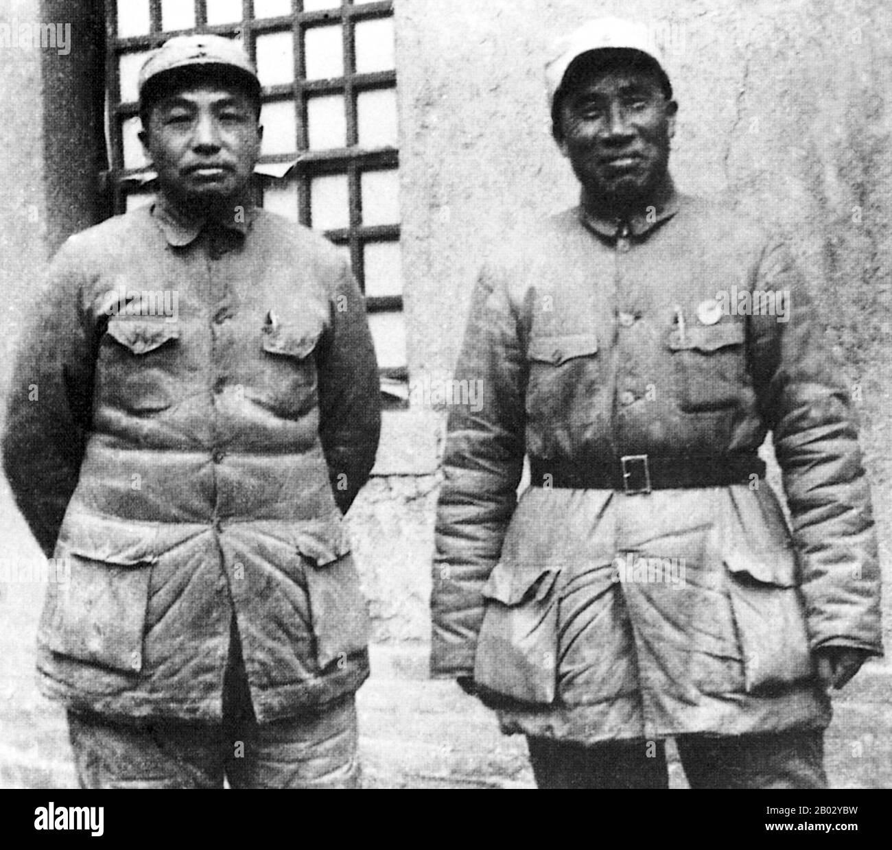 Peng Dehuai (1898-1974), was Marshal of the People's Republic of China, Deputy Commander in Chief of the 8th Route army, Deputy Commander in Chief People's Liberation Army and Commander in Chief Chinese People's Volunteer Army in Korea.  Zhu De (1886-197) was a Chinese Communist military leader and statesman. He is regarded as the founder of the Chinese Red Army (the forerunner of the People's Liberation Army) and the tactician who engineered the victory of the People's Republic of China during the Chinese Civil War. Stock Photo