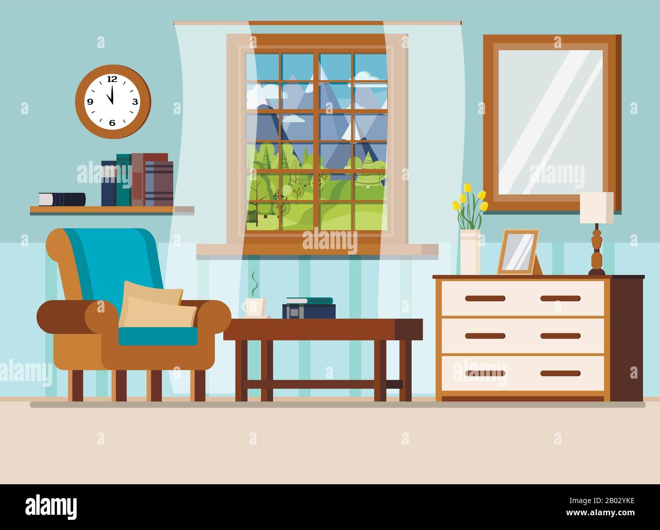 Cozy home interior background with window summer mountains landscape. Stock Vector