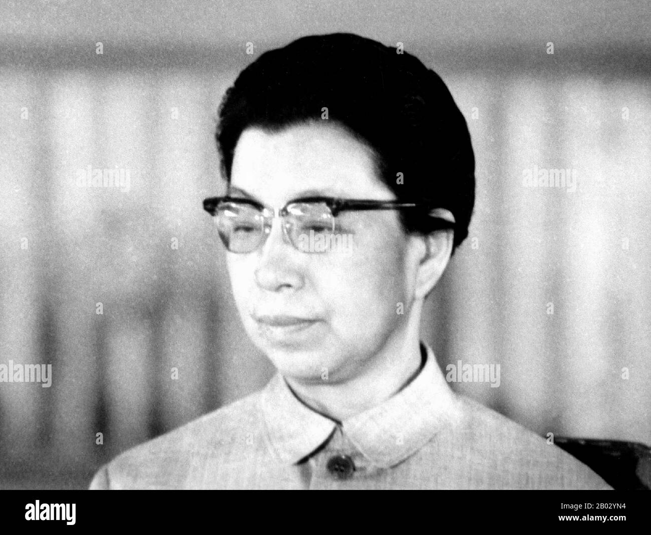 Jiang Qing (Chiang Ch'ing, March 1914 – May 14, 1991) was the pseudonym that was used by Chinese leader Mao Zedong's last wife and major Communist Party of China power figure.  She went by the stage name Lan Ping during her acting career, and was known by various other names during her life. She married Mao in Yan'an in November 1938, and is sometimes referred to as Madame Mao in Western literature, serving as Communist China's first first lady.  Jiang Qing was most well-known for playing a major role in the Cultural Revolution (1966–76) and for forming the radical political alliance known as Stock Photo