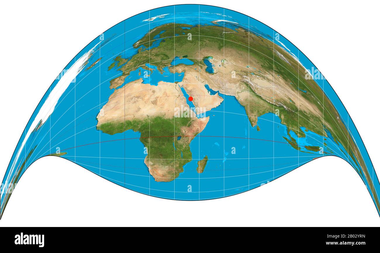 The Craig retroazimuthal map projection was created by James Ireland Craig in 1909. It is a modified cylindrical projection. As a retroazimuthal projection, it preserves directions from everywhere to one location of interest that is configured during construction of the projection.  The projection is sometimes known as the Mecca projection because Craig, who had worked in Egypt as a cartographer, created it to help Muslims find their qibla. In such maps, Mecca is the configurable location of interest. Stock Photo