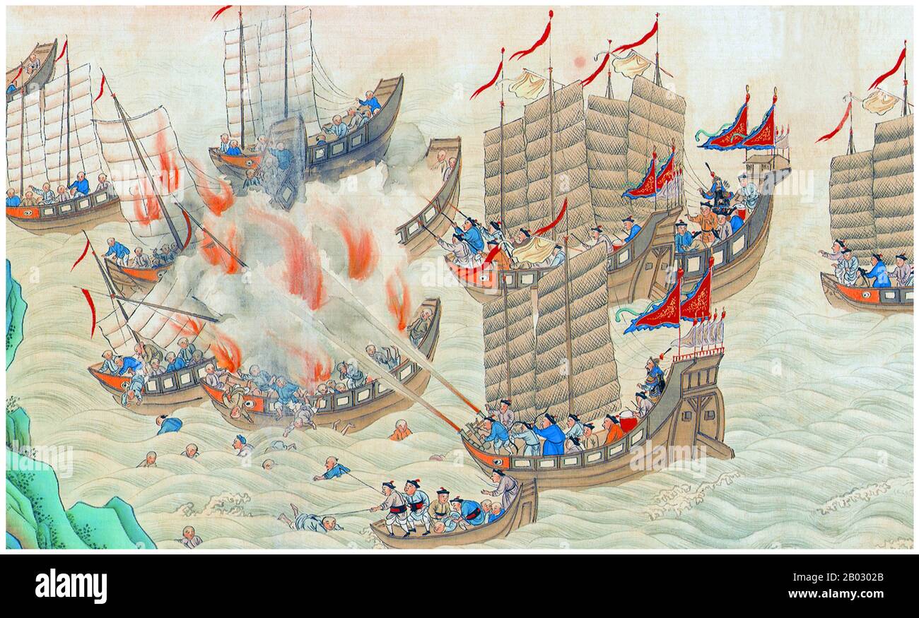 The pirate Zhang Baozai operated six fleets in the South China Sea with over 70,000 followers, presenting perhaps the largest maritime security problem any nation has ever faced.  An extraordinary ink painting scroll entitled ‘Pacifying the South China Sea’ which is 18 metres in length, depicts the nine-day Battle of Lantau that heralded the strategy of Viceroy Bailing to rid the Chinese seas of this blight. It was painted in the early 19th century by an unknown artist to commemorate the defeat of the pirates who prowled the waters around Guangdong in the mid-Jiaqing period (1796–1820). Stock Photo