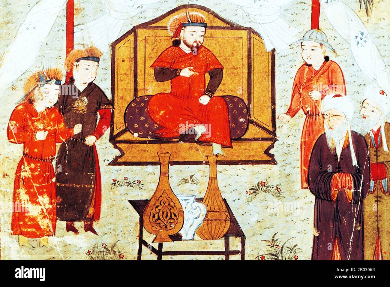 Hulagu Khan, also known as Hulegu or Halaku (c. 1217 – 8 February 1265), was a Mongol ruler who conquered much of Southwest Asia. Son of Tolui and the Kerait princess Sorghaghtani Beki, he was a grandson of Genghis Khan, and the brother of Arik Boke, Mongke Khan and Kublai Khan.  Hulagu's army greatly expanded the southwestern portion of the Mongol Empire, founding the Ilkhanate of Persia, a precursor to the eventual Safavid dynasty, and then the modern state of Iran. Stock Photo