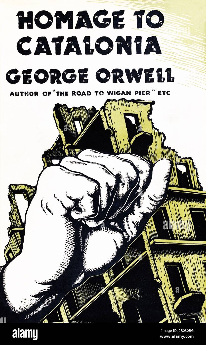 'Homage to Catalonia' is George Orwell's personal account of his experiences and observations in the Spanish Civil War. The first edition was published in the United Kingdom in 1938.  The book was not published in the United States until February 1952, when it appeared with an influential preface by Lionel Trilling. Stock Photo