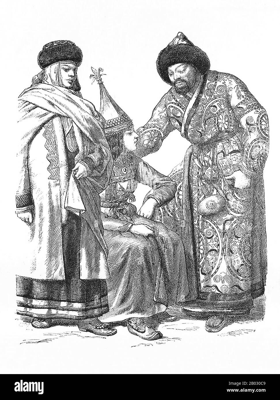 From 1861 to 1890 the Munich publishing firm of Braun and Schneider published plates of historic and contemporary  costume in their magazine Munchener Bilderbogen.  These plates were eventually collected in book form and published at the turn of the century in Germany and England. Stock Photo