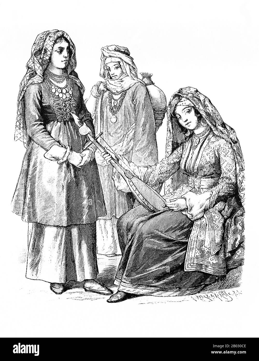 From 1861 to 1890 the Munich publishing firm of Braun and Schneider published plates of historic and contemporary  costume in their magazine Munchener Bilderbogen.  These plates were eventually collected in book form and published at the turn of the century in Germany and England. Stock Photo