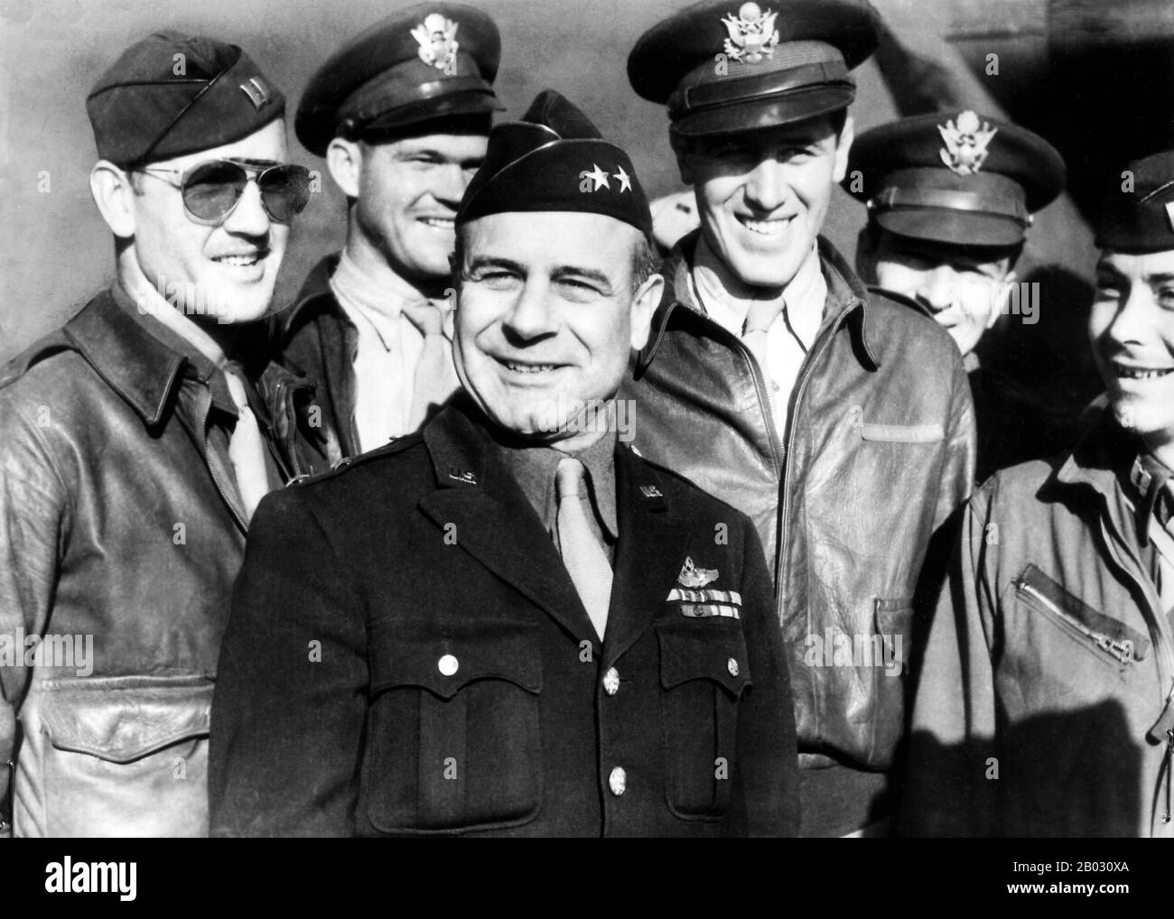 James Harold 'Jimmy' Doolittle (December 14, 1896 – September 27, 1993) was an American aviation pioneer. Doolittle served as a commissioned officer in the United States Army Air Forces during the Second World War and was awarded the Medal of Honor for his valor and leadership as commander of the Doolittle Raid against Japan.  The Doolittle Raid, also known as the Tokyo Raid, on 18 April 1942, was an air raid by the United States on the Japanese capital Tokyo and other places on Honshu island during World War II, the first air raid to strike the Japanese Home Islands. It demonstrated that Japa Stock Photo