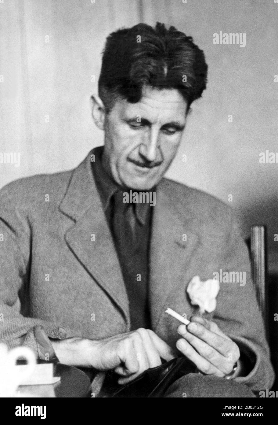 Eric Arthur Blair (25 June 1903 – 21 January 1950), better known by his pen name George Orwell, was an English author and journalist.  His work is marked by keen intelligence and wit, a profound awareness of social injustice, an intense, revolutionary opposition to totalitarianism, a passion for clarity in language and a belief in democratic socialism. Stock Photo