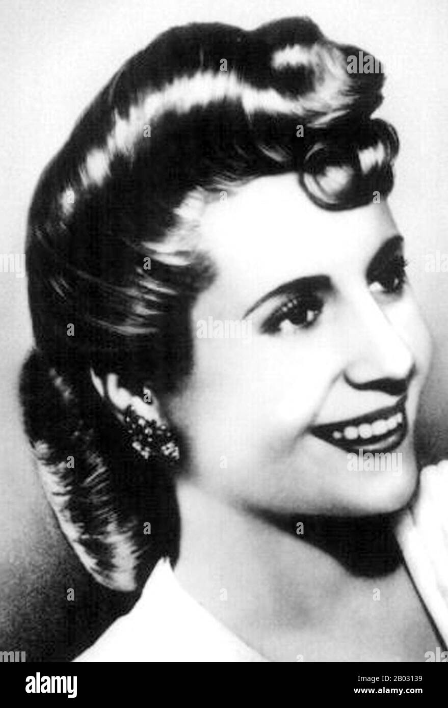Maria Eva Duarte de Peron (7 May 1919 – 26 July 1952) was the second wife of Argentine President Juan Peron (1895–1974) and served as the First Lady of Argentina from 1946 until her death in 1952.  She is usually referred to as Eva Peron, or by the affectionate Spanish language diminutive Evita. Stock Photo